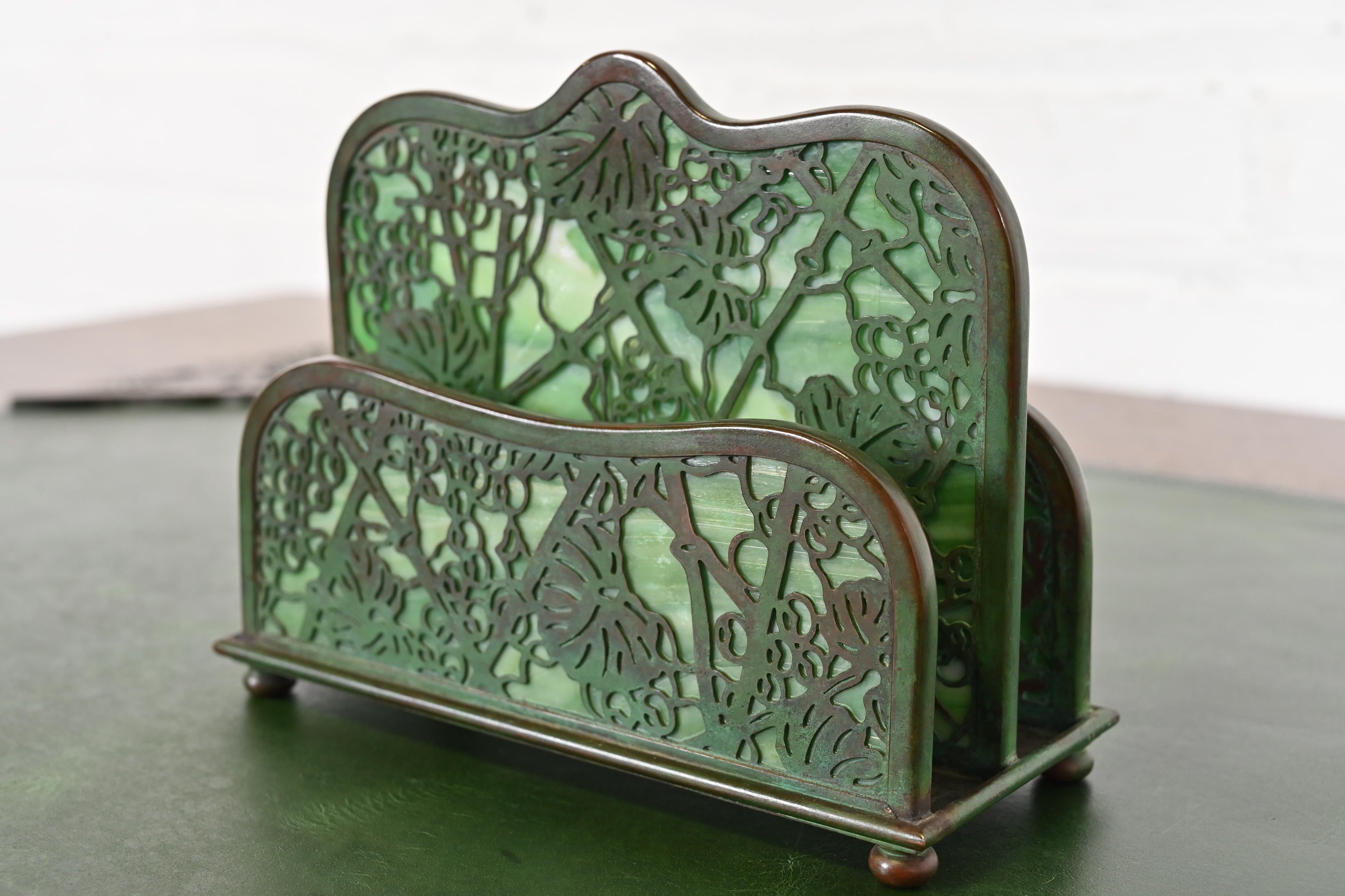 American Tiffany Studios New York Grapevine Bronze and Slag Glass Letter Rack