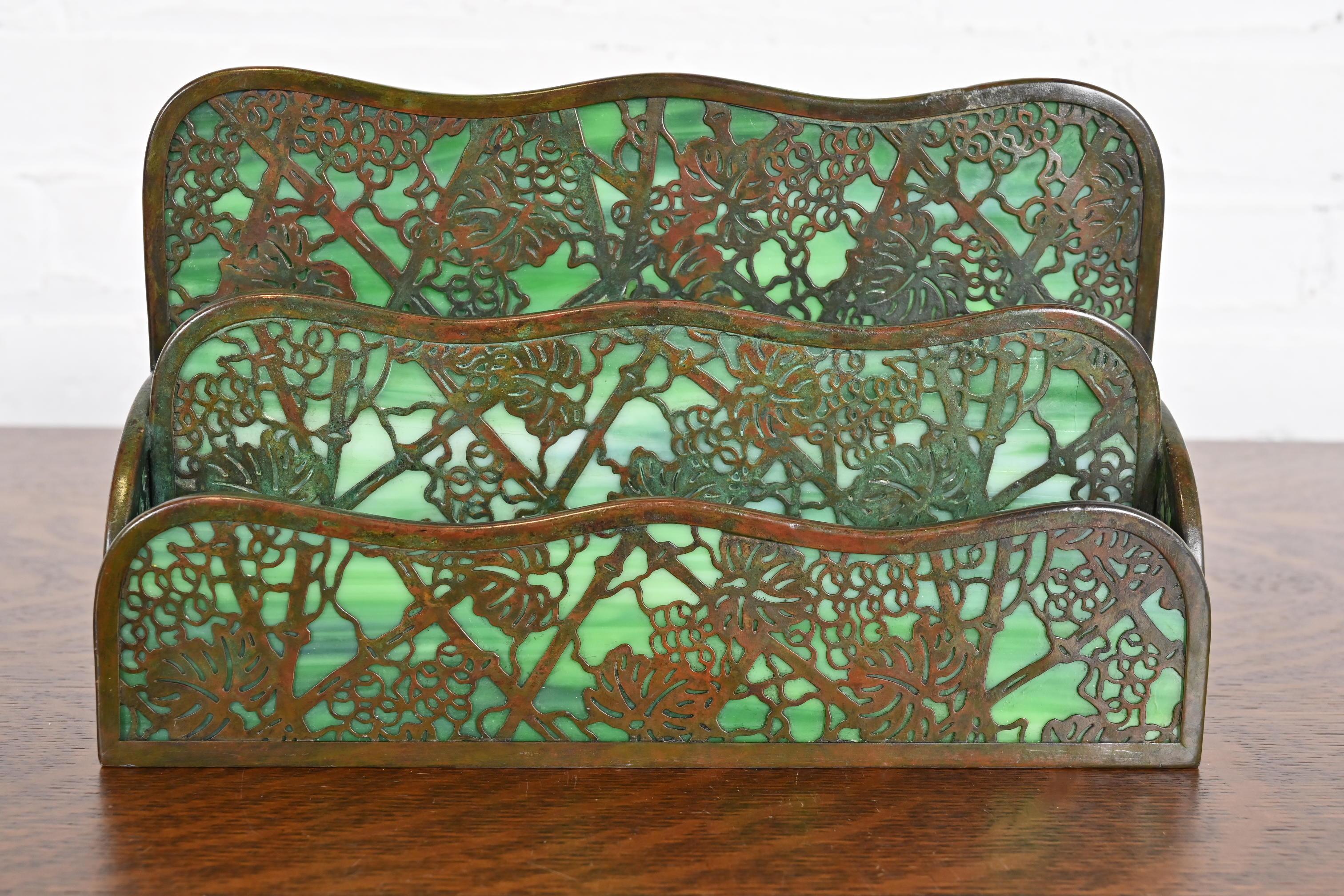 American Tiffany Studios New York Grapevine Bronze and Slag Glass Letter Rack