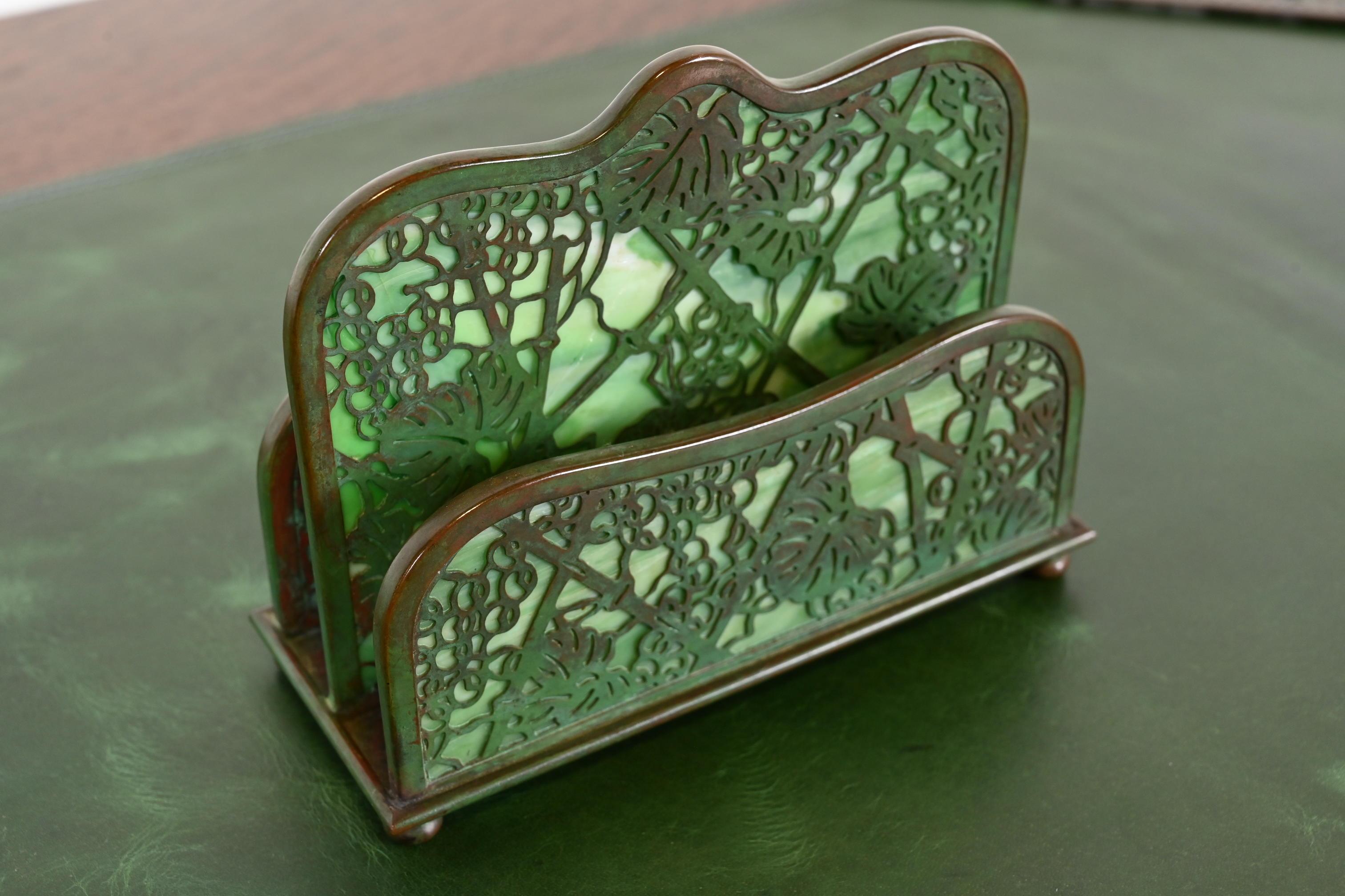 Tiffany Studios New York Grapevine Bronze and Slag Glass Letter Rack In Good Condition In South Bend, IN
