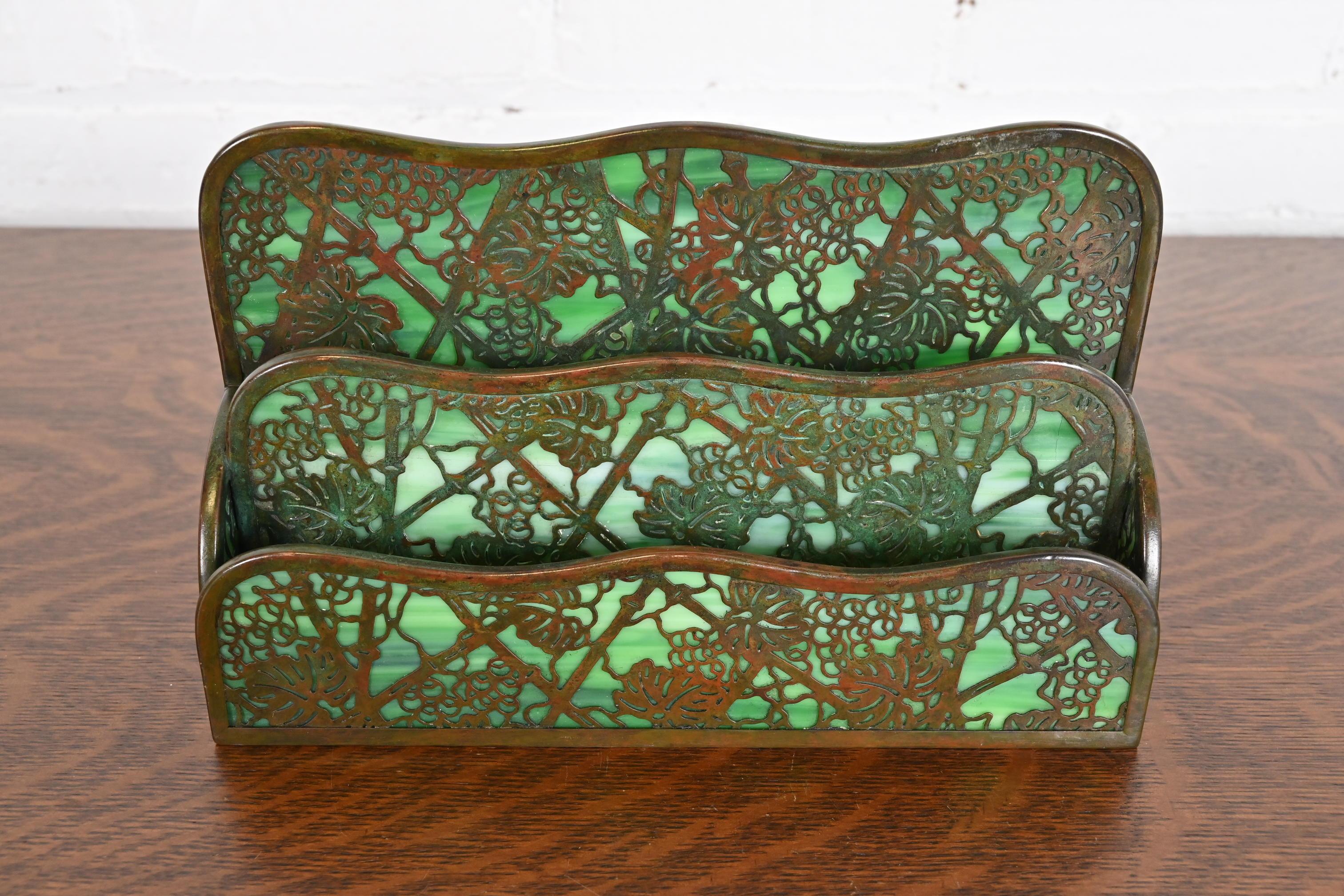 Tiffany Studios New York Grapevine Bronze and Slag Glass Letter Rack In Good Condition In South Bend, IN