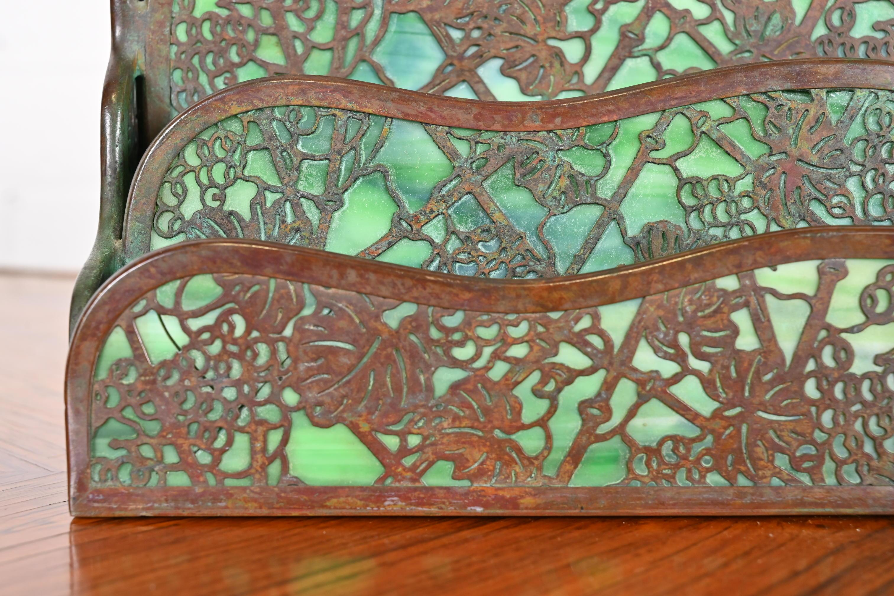 Tiffany Studios New York Grapevine Bronze and Slag Glass Letter Rack 3