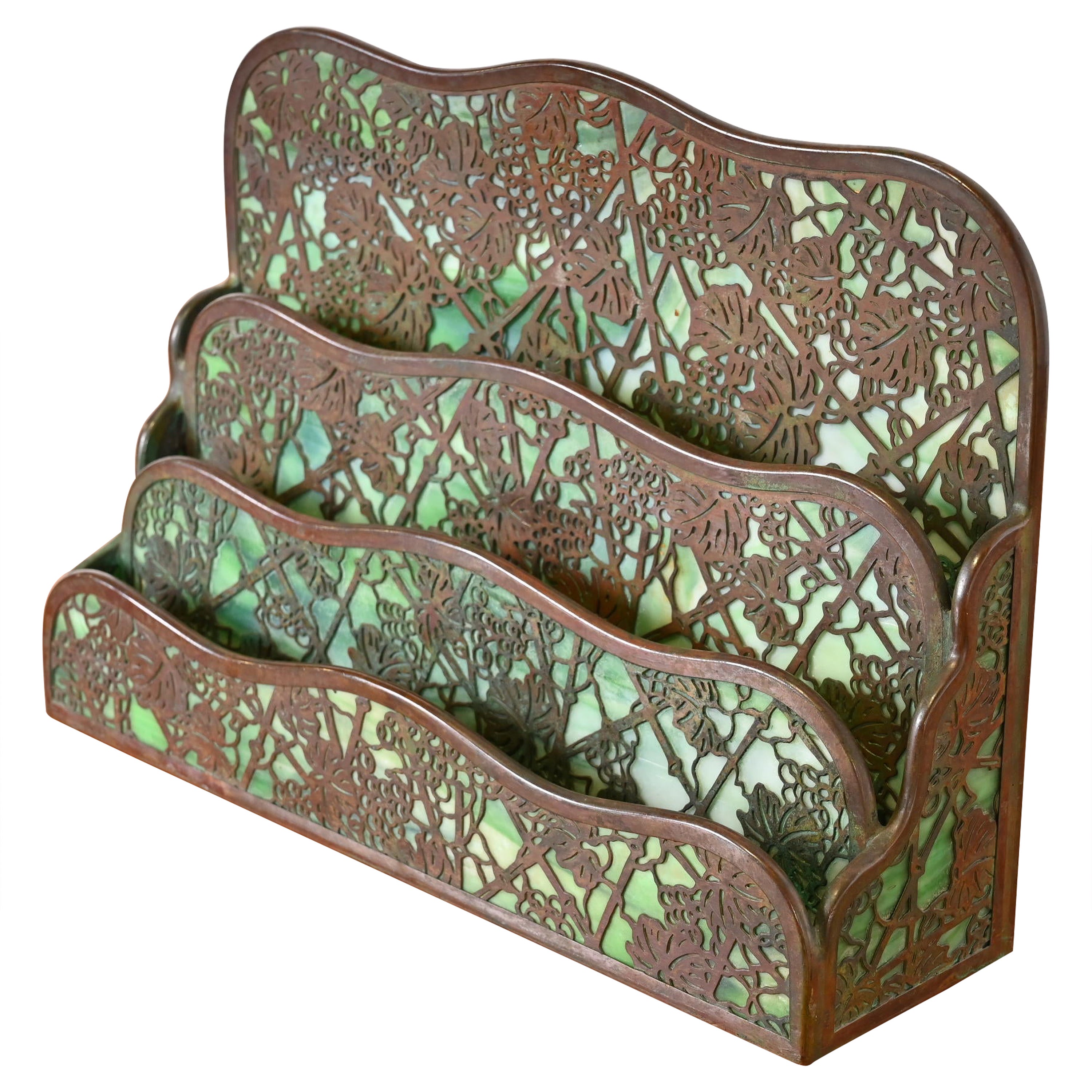Tiffany Studios New York Grapevine Bronze and Slag Glass Letter Rack