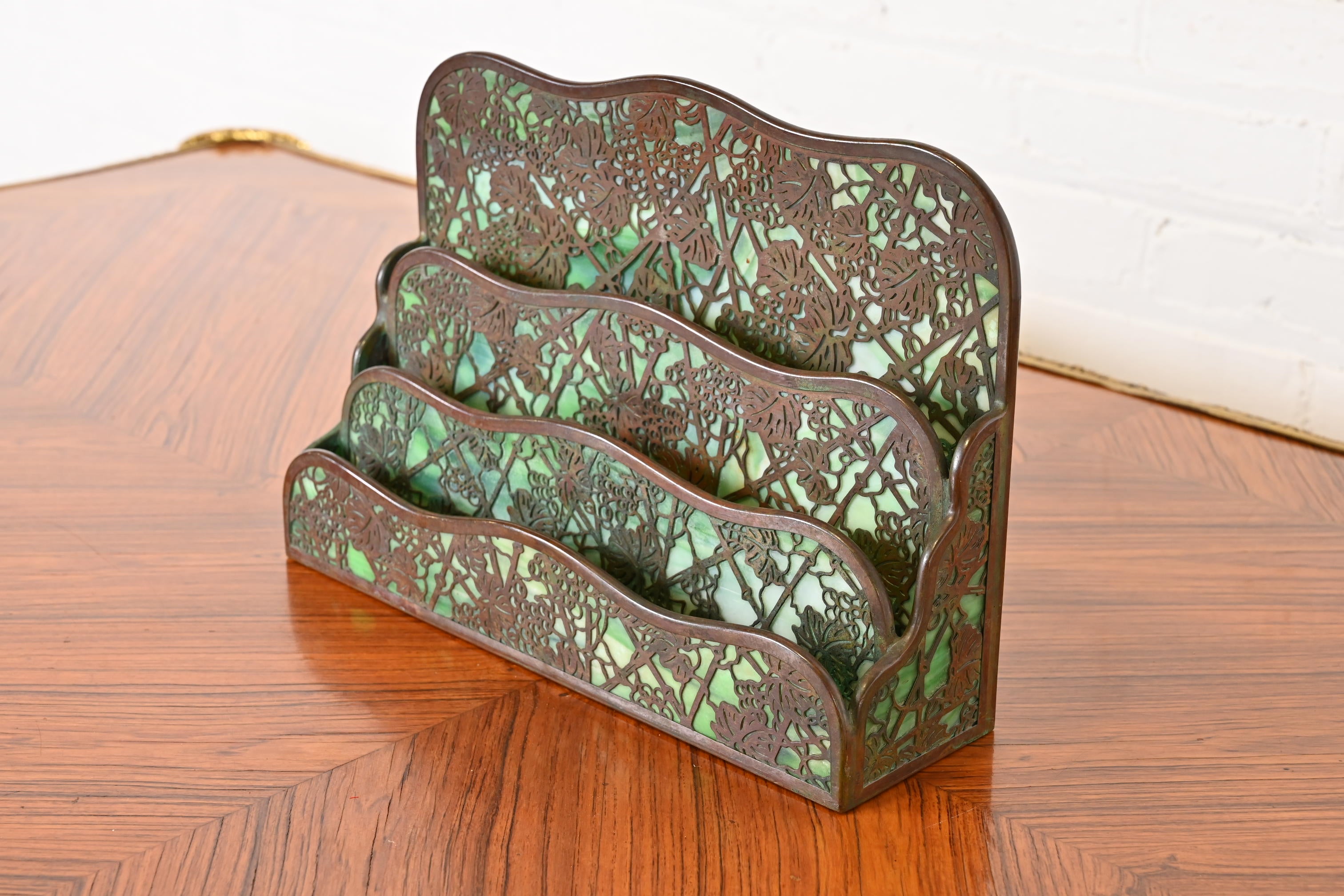 Tiffany Studios New York Grapevine Bronze and Slag Glass Letter Rack ...