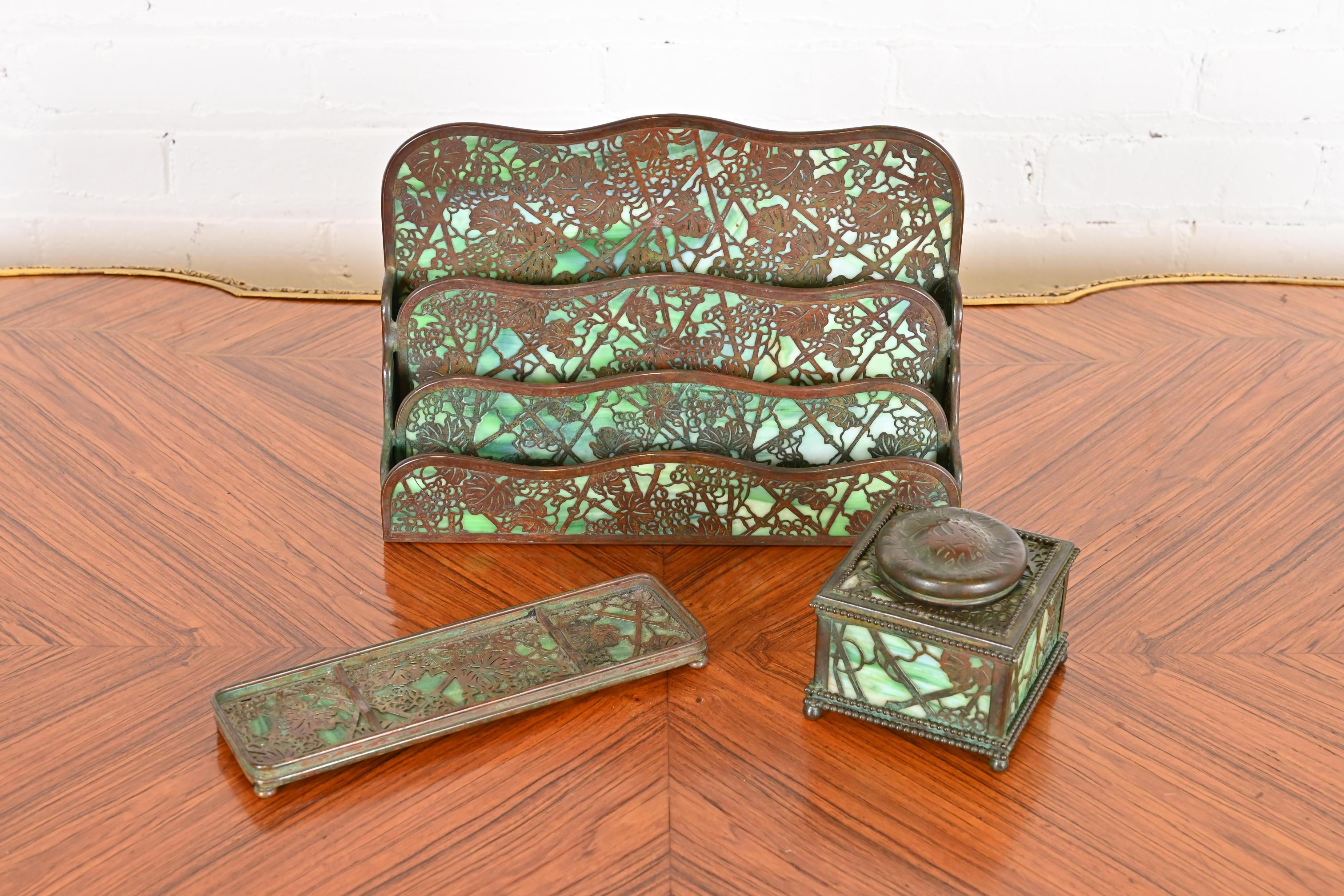 Tiffany Studios New York Grapevine Bronze and Slag Glass Pen Tray, circa 1910 5