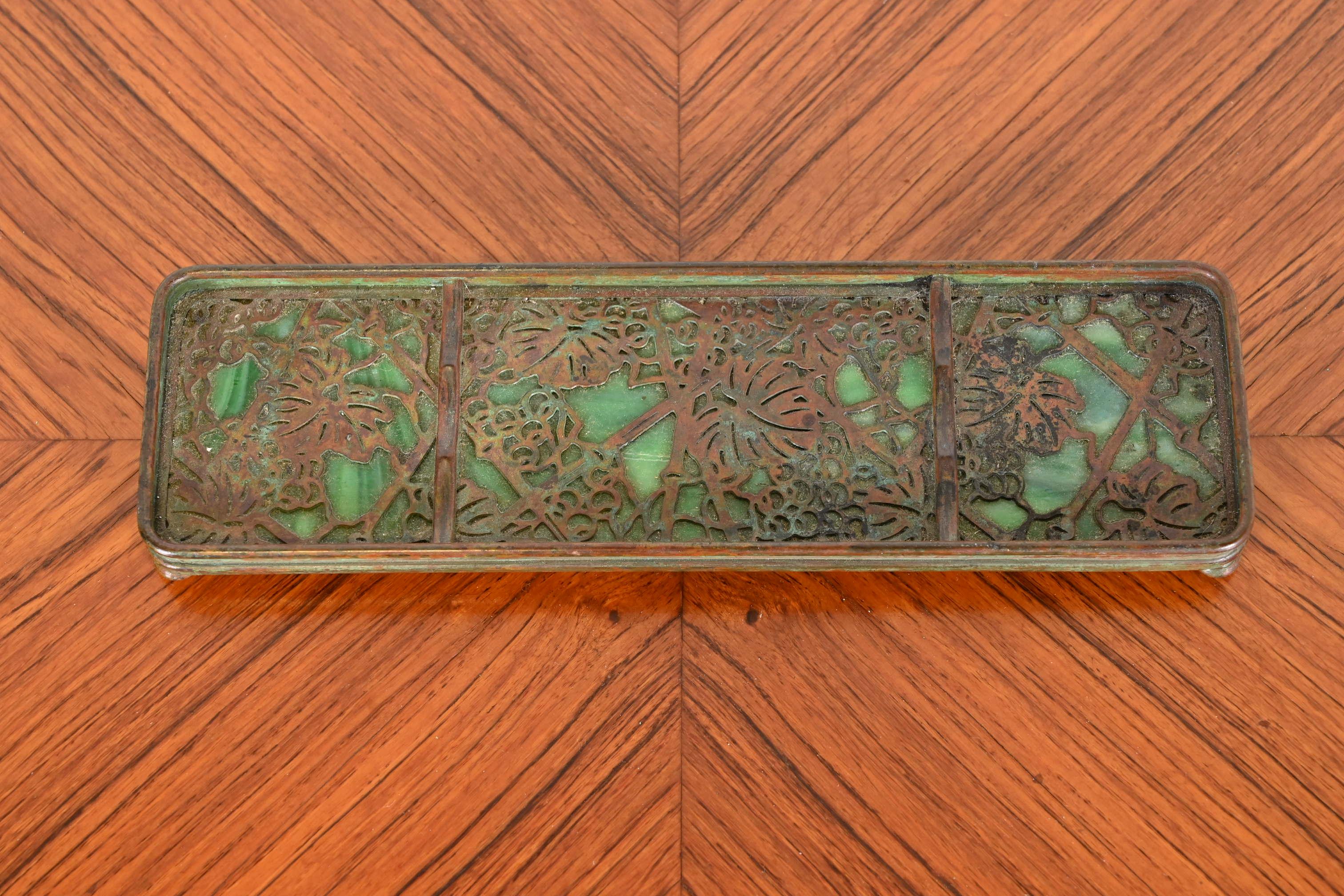 Art Nouveau Tiffany Studios New York Grapevine Bronze and Slag Glass Pen Tray, circa 1910