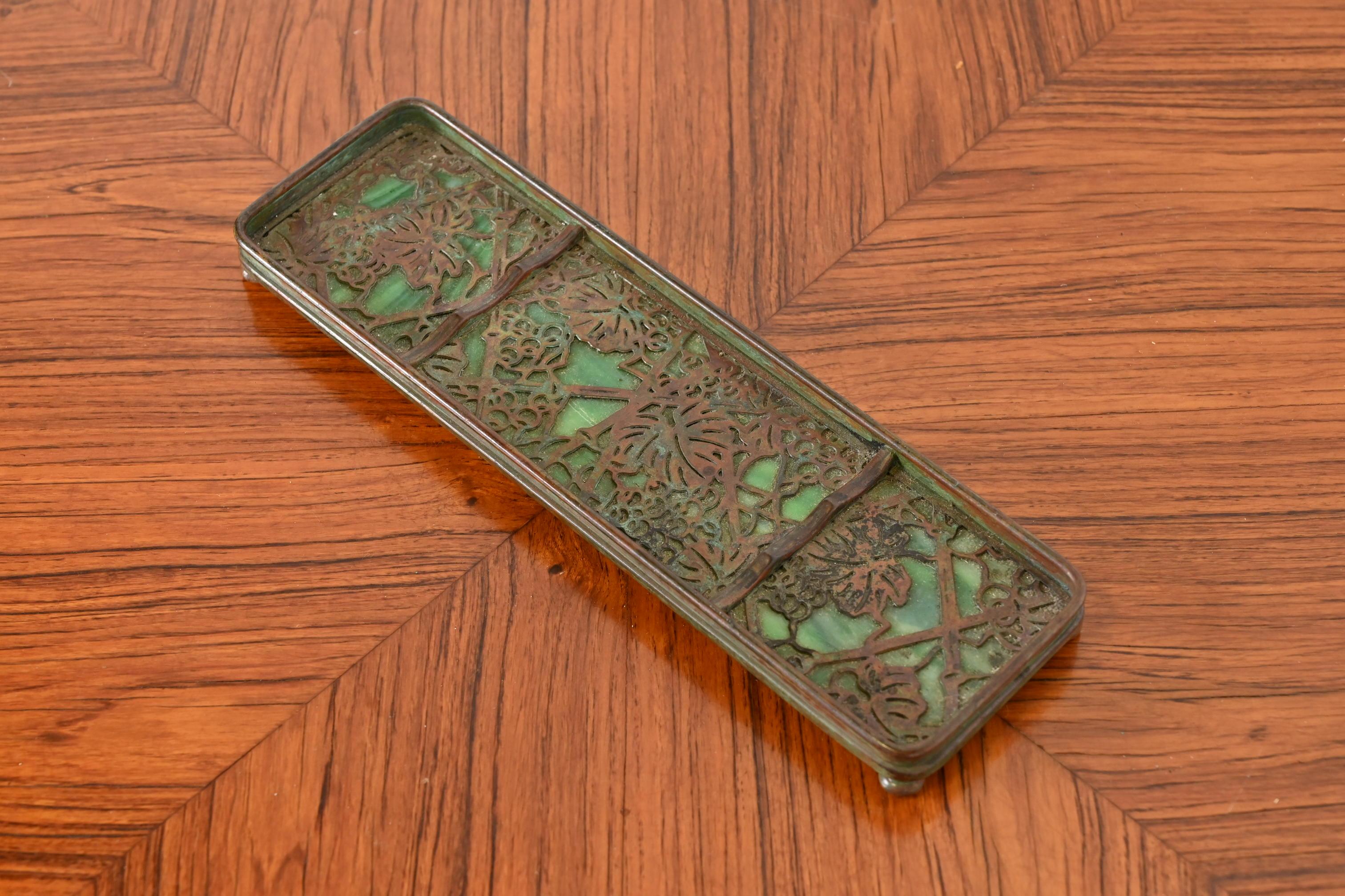 American Tiffany Studios New York Grapevine Bronze and Slag Glass Pen Tray, circa 1910