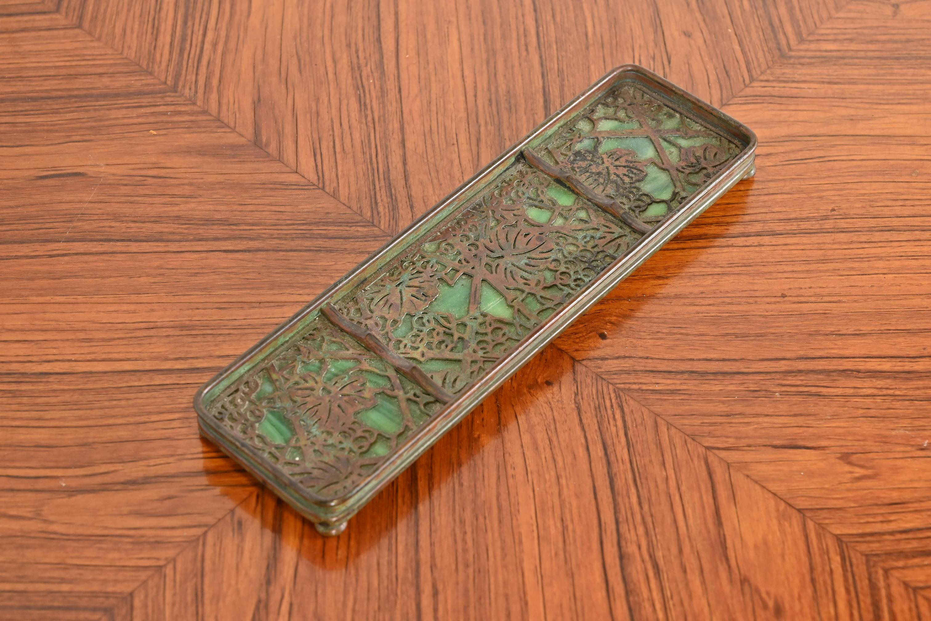 Tiffany Studios New York Grapevine Bronze and Slag Glass Pen Tray, circa 1910 In Good Condition In South Bend, IN