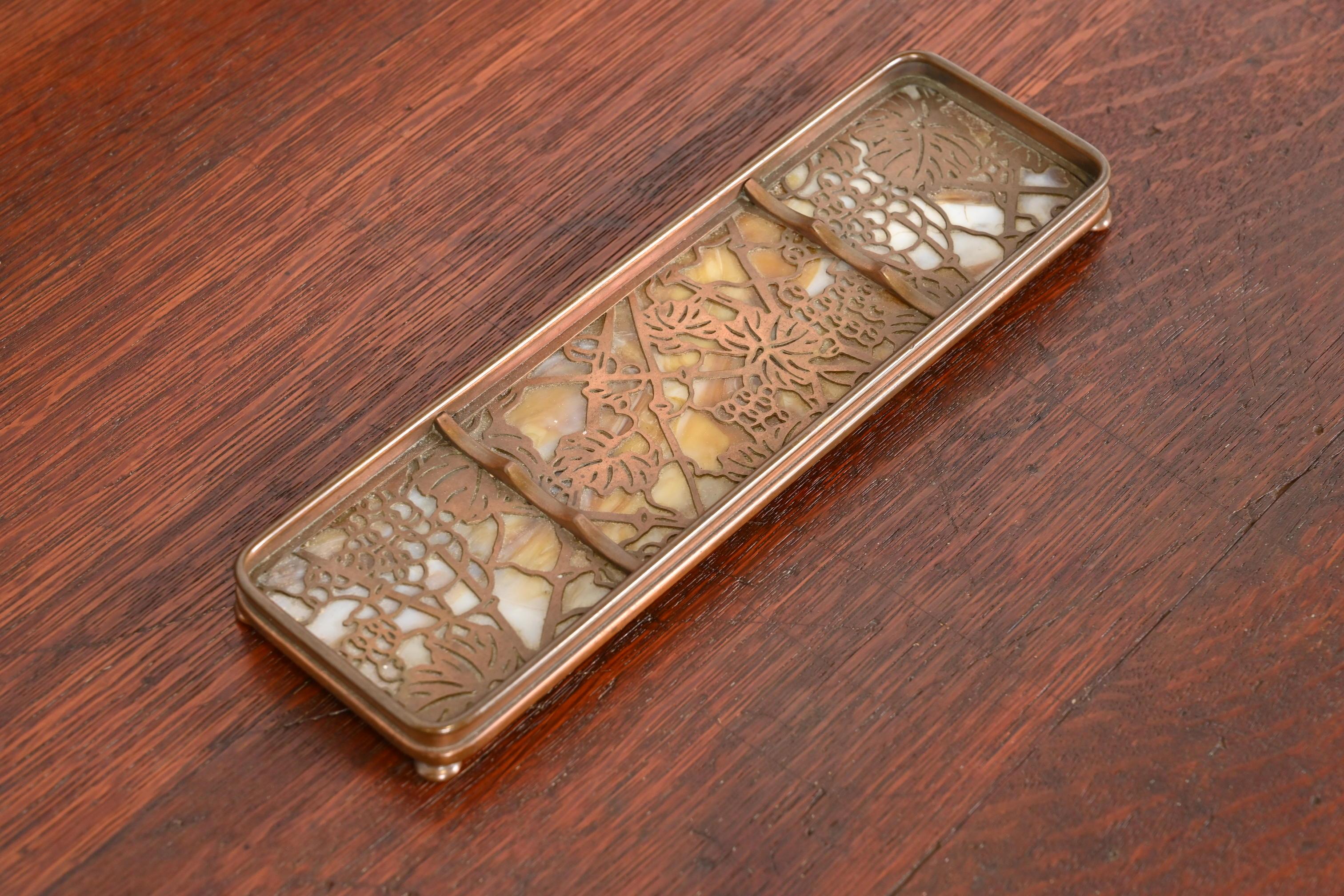 Tiffany Studios New York Grapevine Bronze and Slag Glass Pen Tray, Circa 1910 In Good Condition For Sale In South Bend, IN