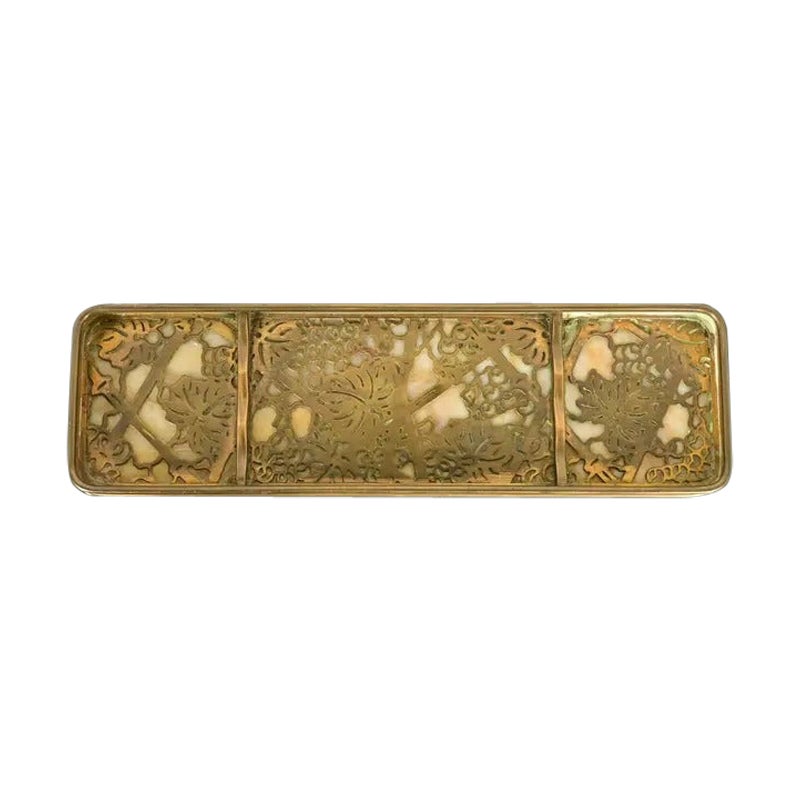 Tiffany Studios New York Grapevine Bronze Doré and Favrile Slag Glass Pen Tray