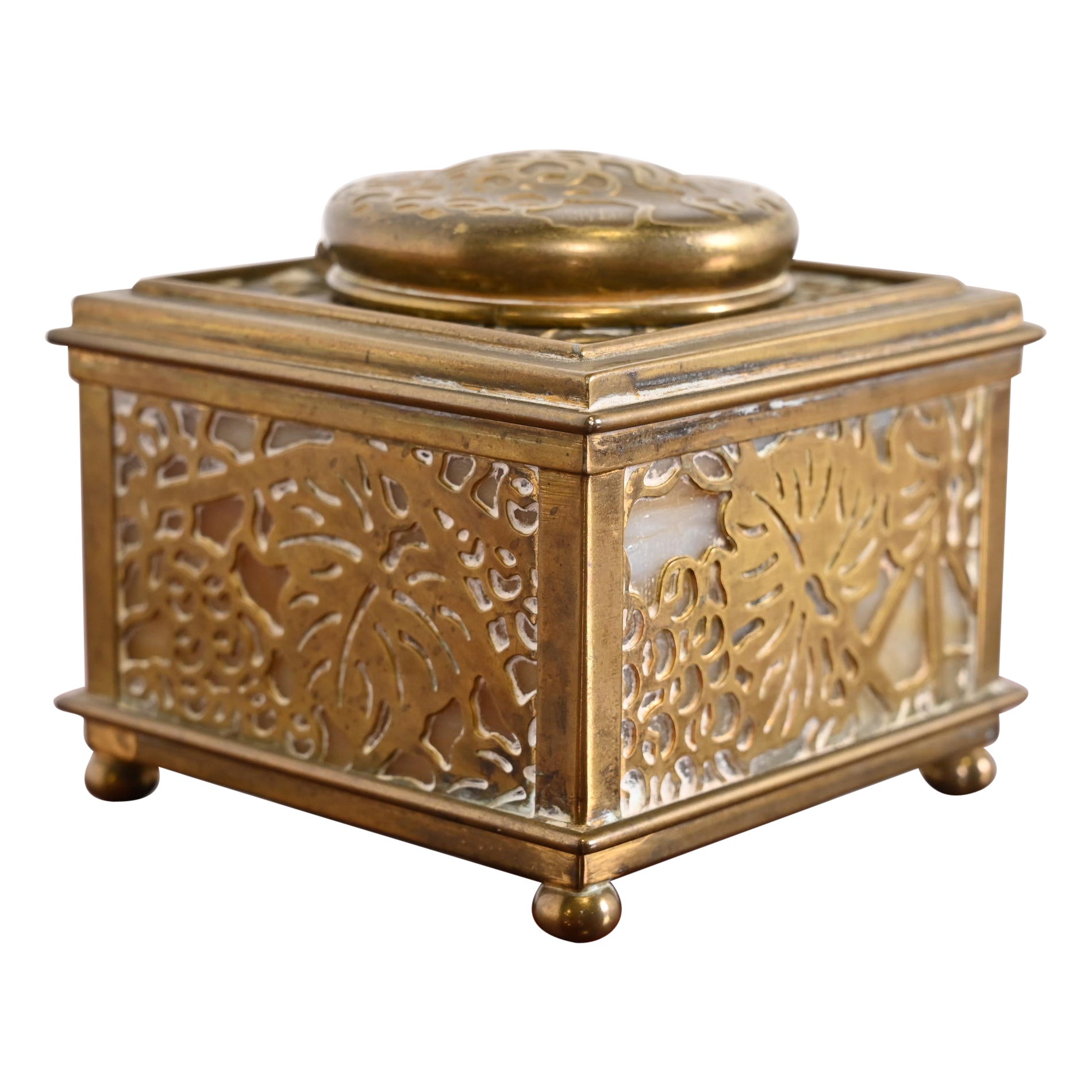 Tiffany Studios New York Grapevine Bronze Doré and Slag Glass Inkwell