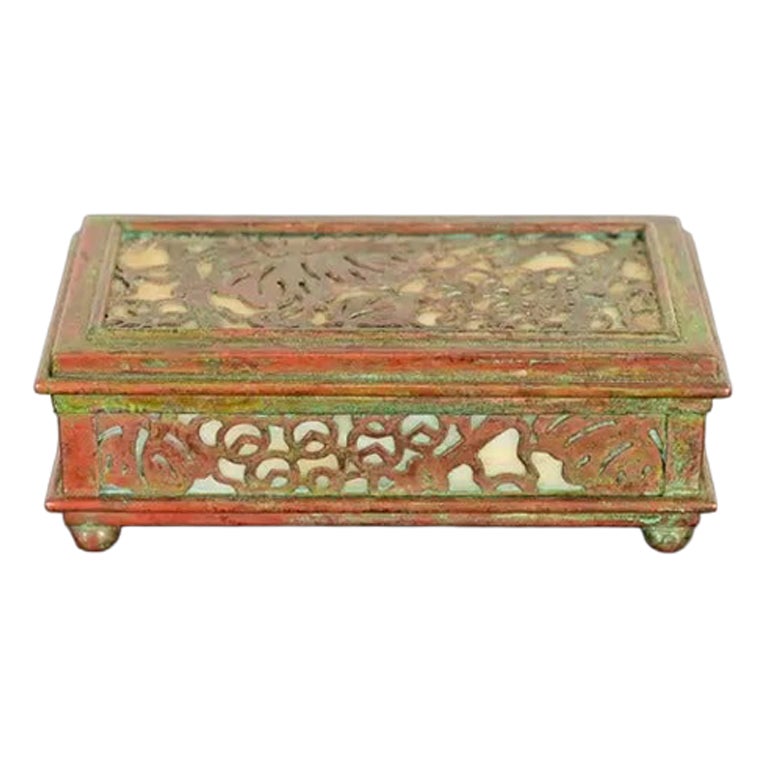 Tiffany Studios New York Grapevine Pattern Bronze and Favrile Slag Glass Box