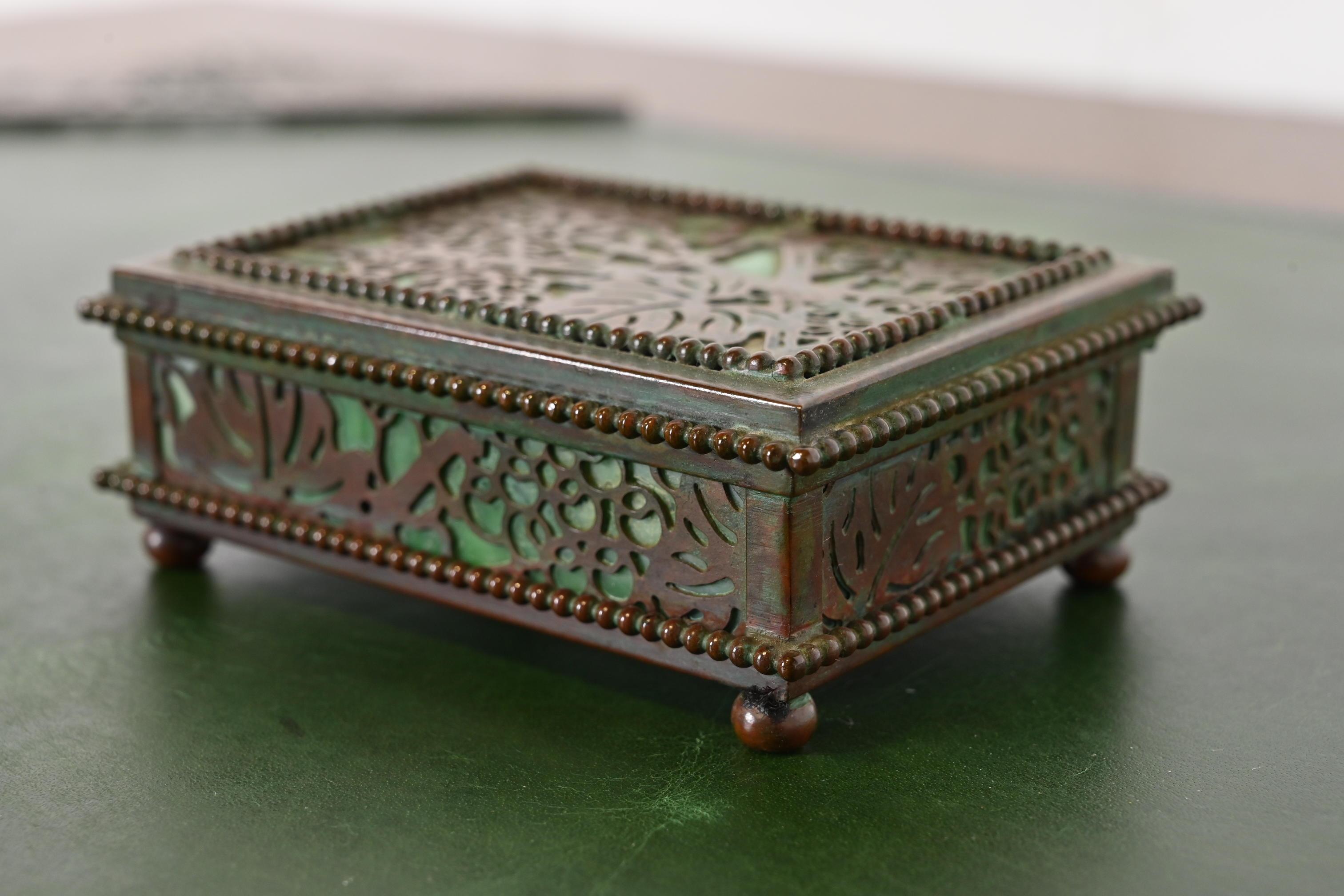 Arts and Crafts Tiffany Studios New York Grapevine Pattern Bronze and Slag Glass Box