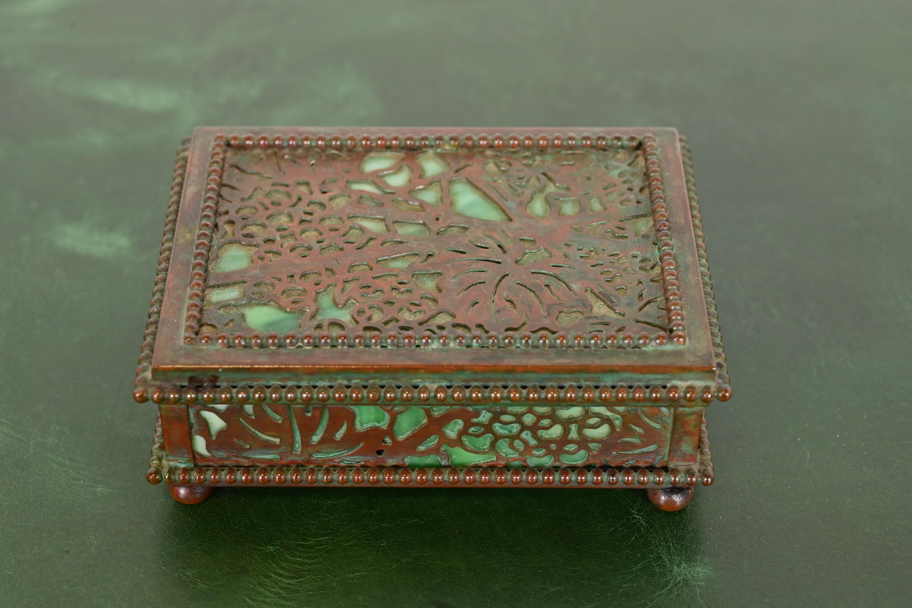 American Tiffany Studios New York Grapevine Pattern Bronze and Slag Glass Box