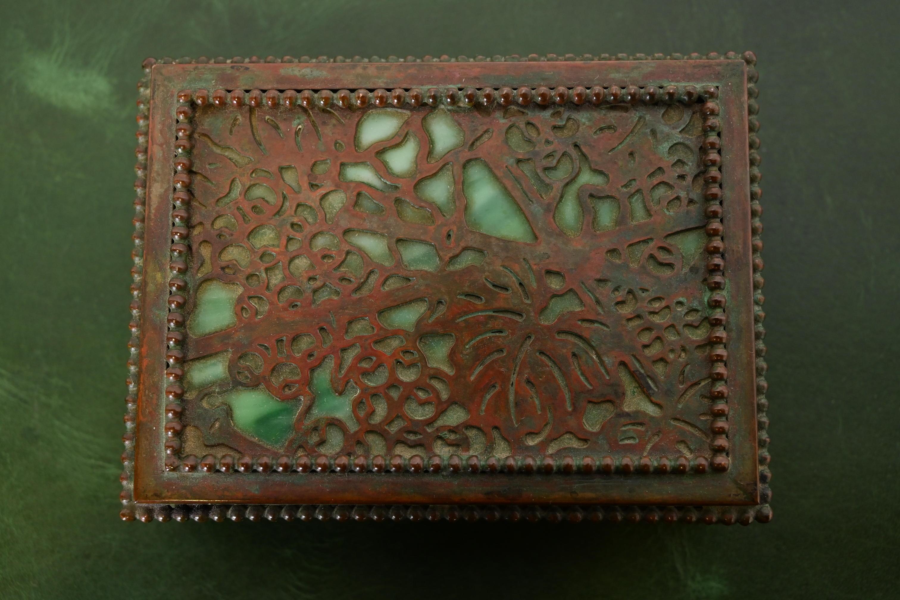 20th Century Tiffany Studios New York Grapevine Pattern Bronze and Slag Glass Box