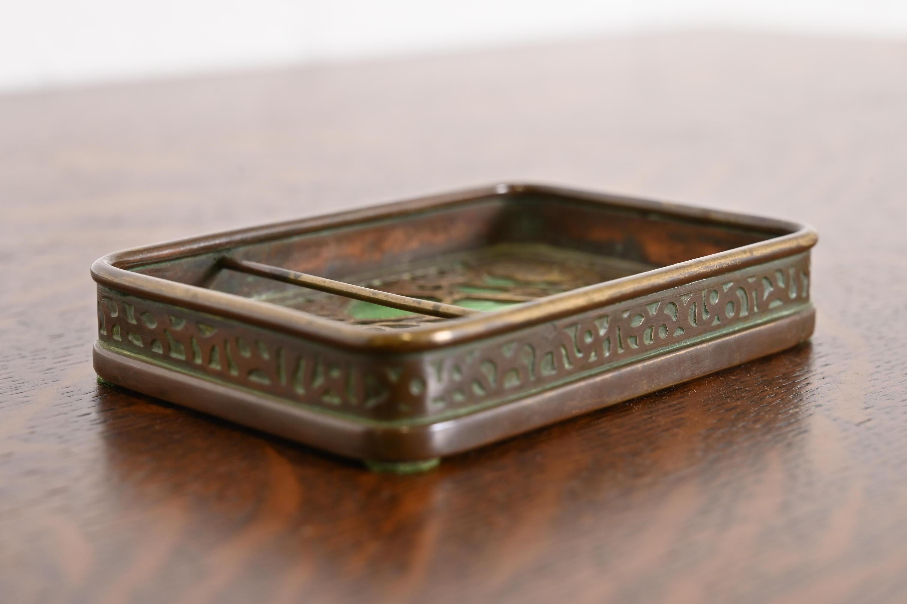 Arts and Crafts Tiffany Studios New York Grapevine Pattern Bronze and Slag Glass Catchall Tray