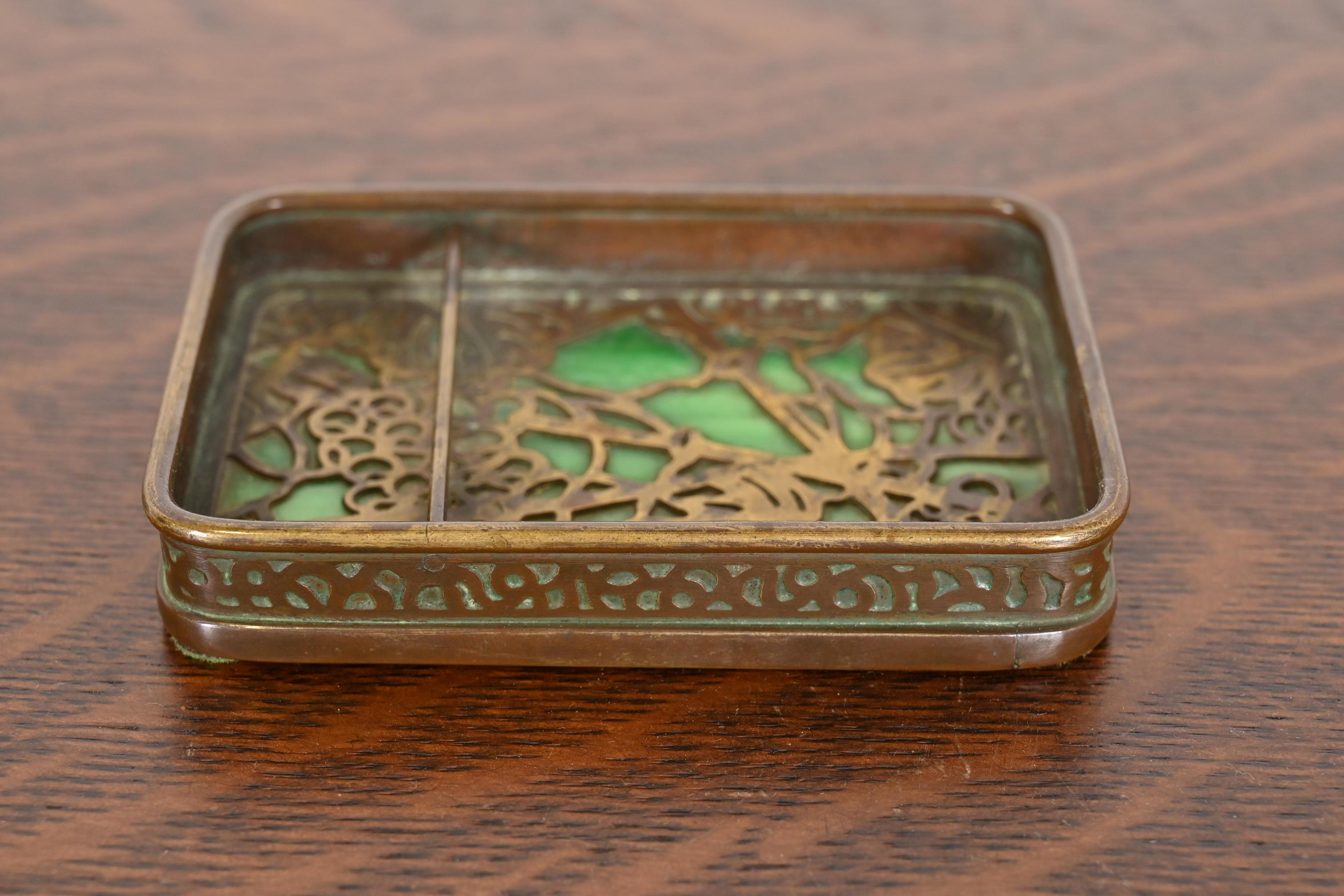 American Tiffany Studios New York Grapevine Pattern Bronze and Slag Glass Catchall Tray