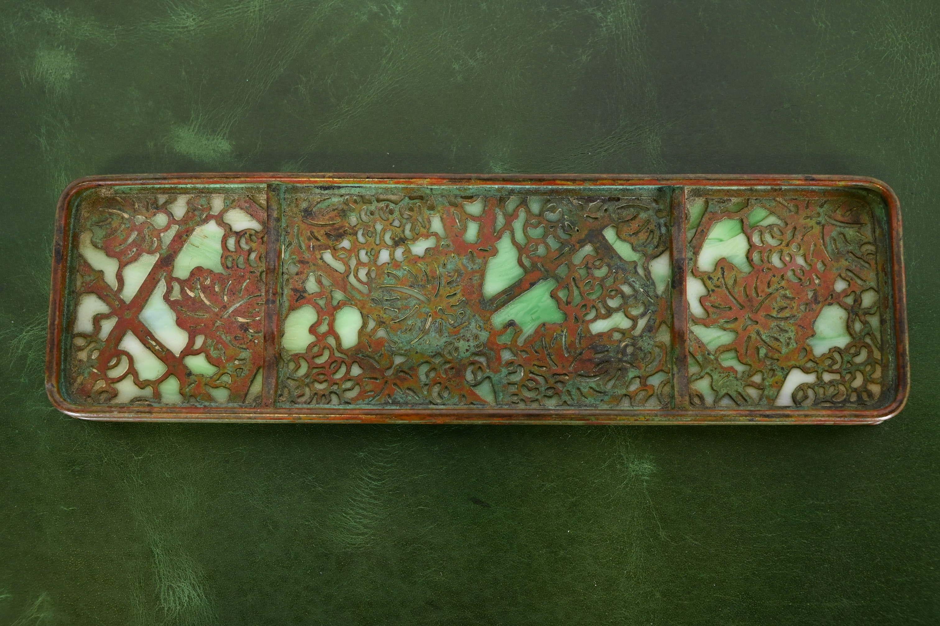A gorgeous antique Arts & Crafts or Art Deco period bronze and slag glass 