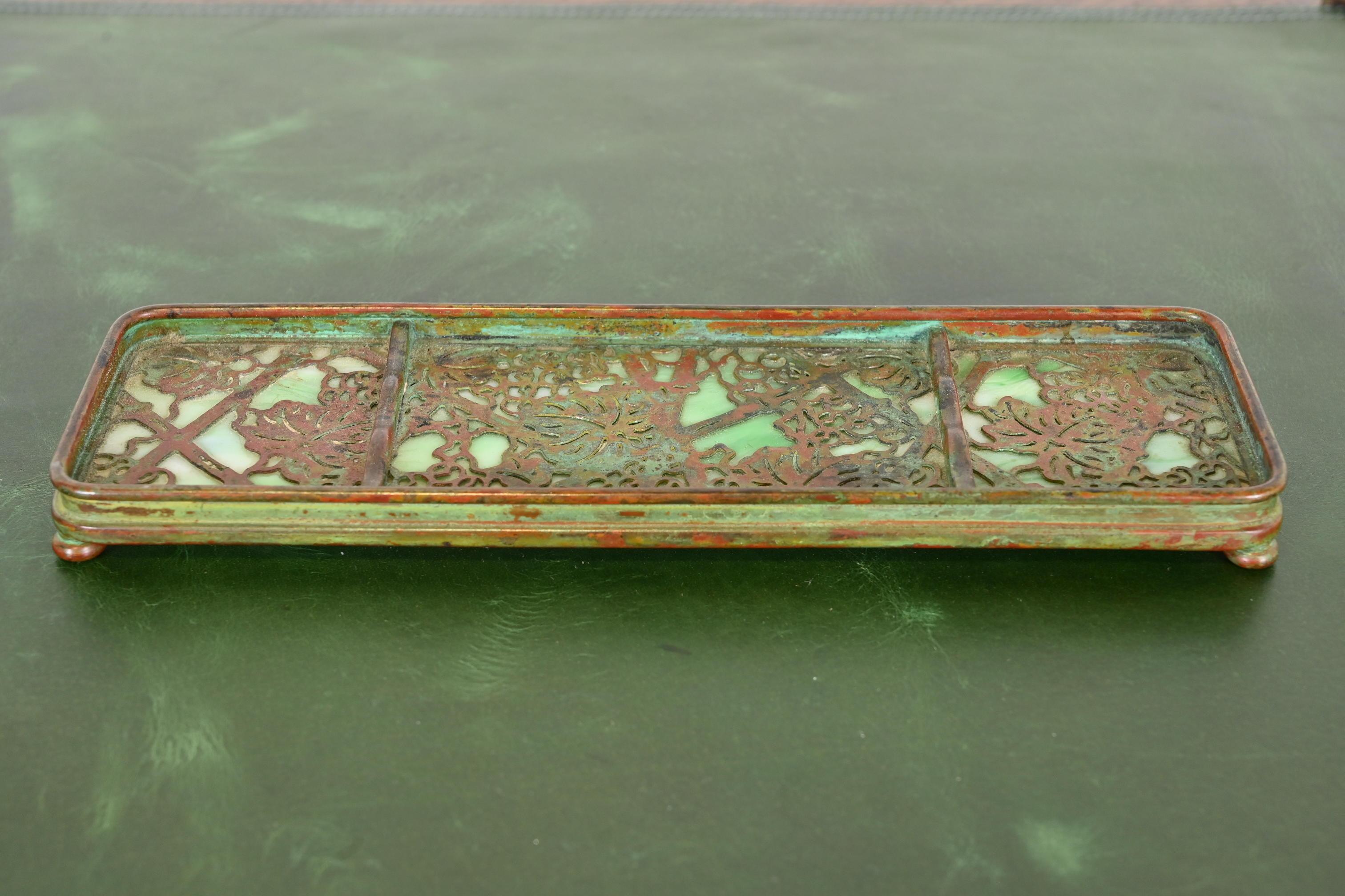 Arts and Crafts Tiffany Studios New York Grapevine Pattern Bronze and Slag Glass Pen Tray