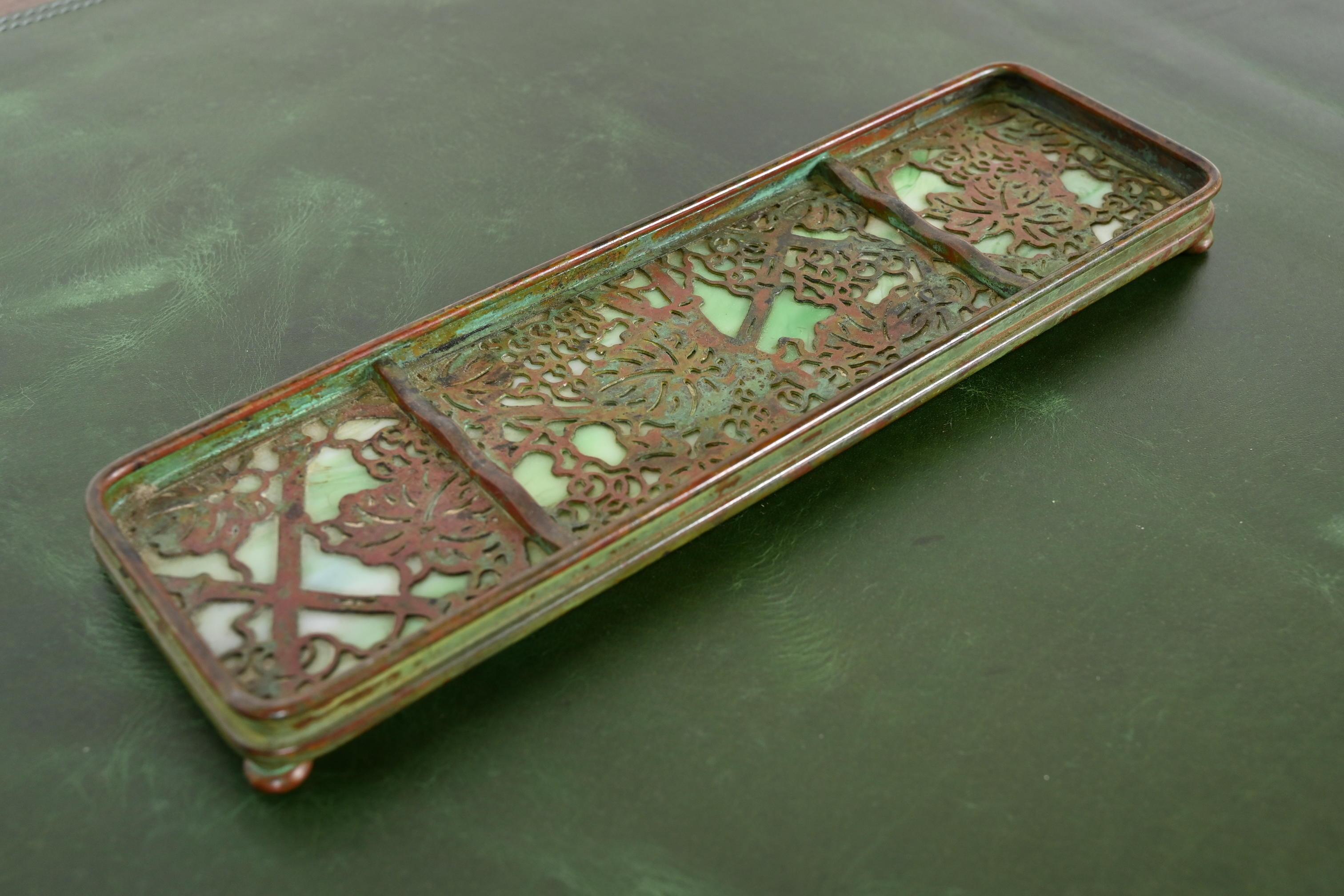 American Tiffany Studios New York Grapevine Pattern Bronze and Slag Glass Pen Tray