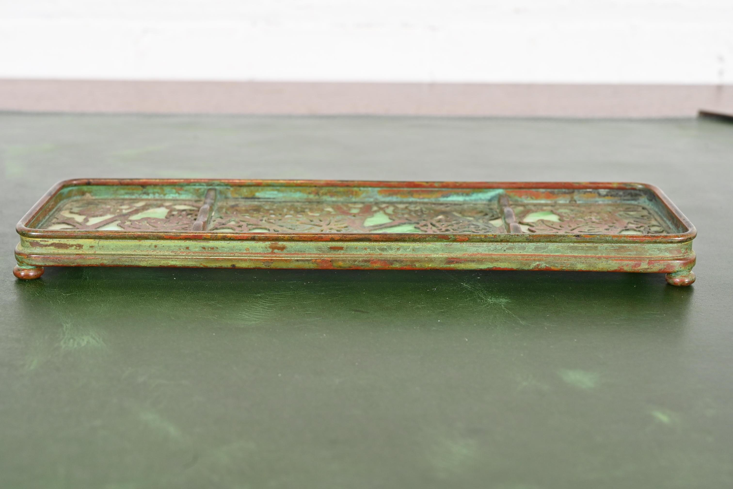 Tiffany Studios New York Grapevine Pattern Bronze and Slag Glass Pen Tray In Good Condition In South Bend, IN
