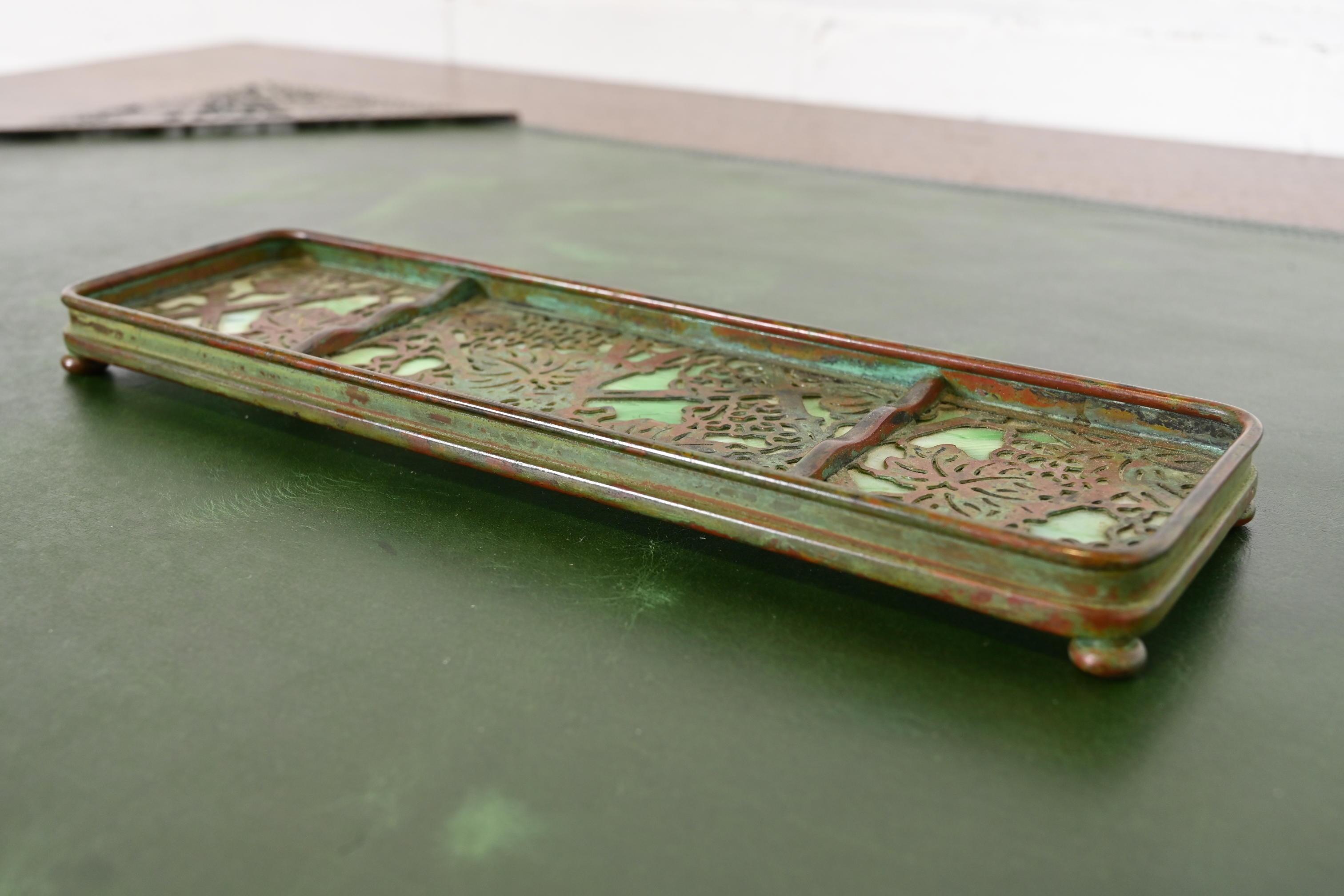 20th Century Tiffany Studios New York Grapevine Pattern Bronze and Slag Glass Pen Tray