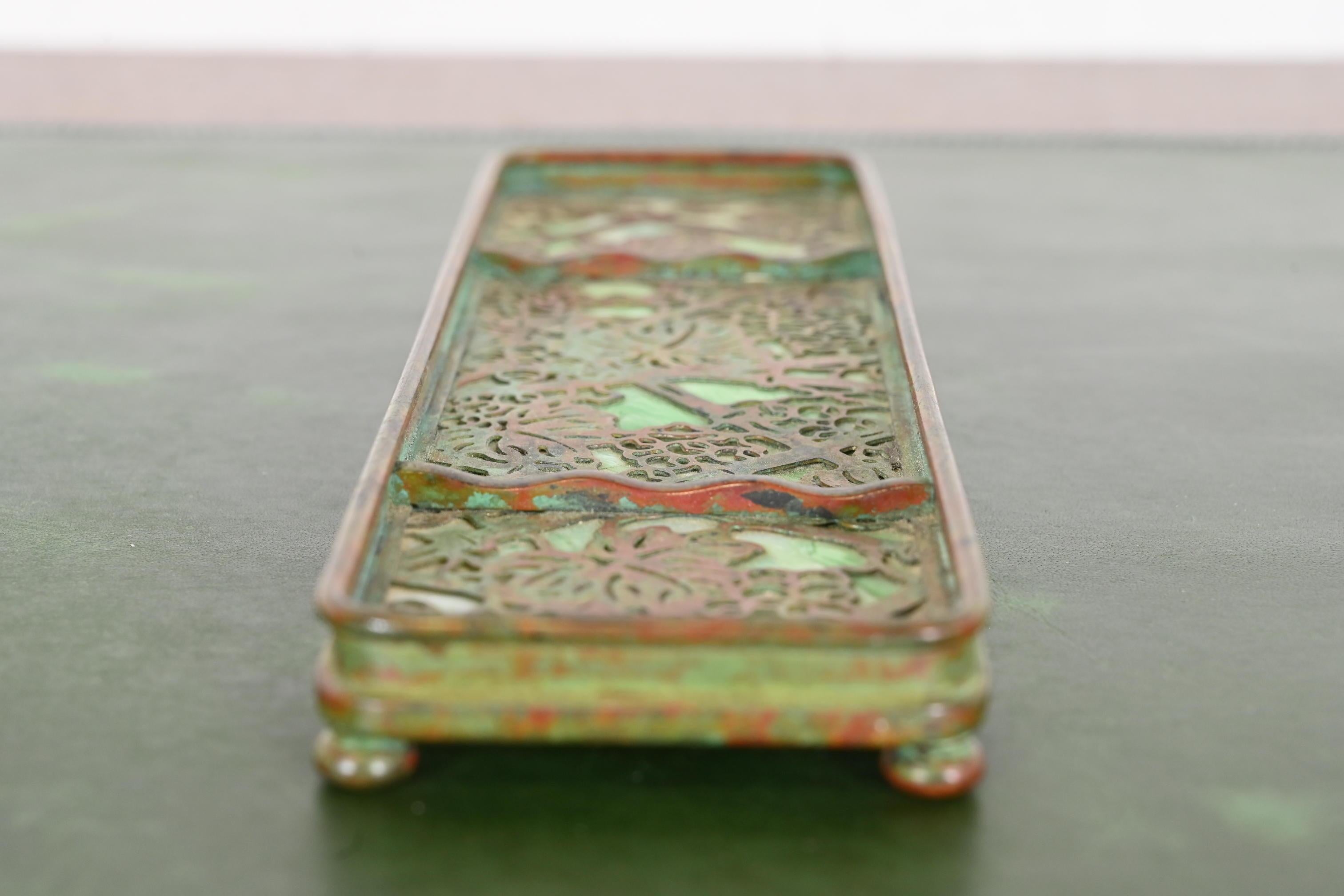 Tiffany Studios New York Grapevine Pattern Bronze and Slag Glass Pen Tray 1