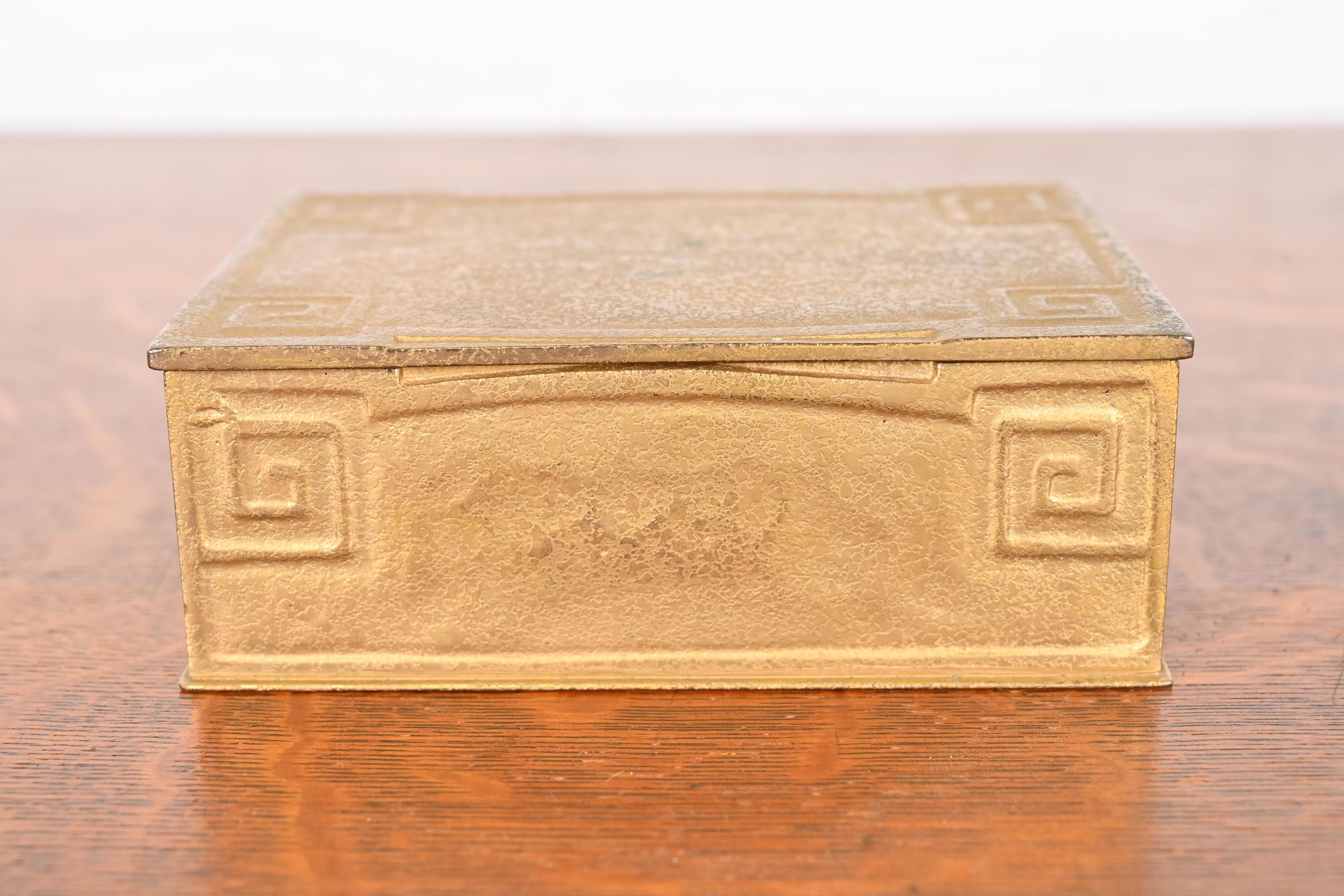 American Tiffany Studios New York Greek Key Bronze Doré Cigar Box, Circa 1910 For Sale