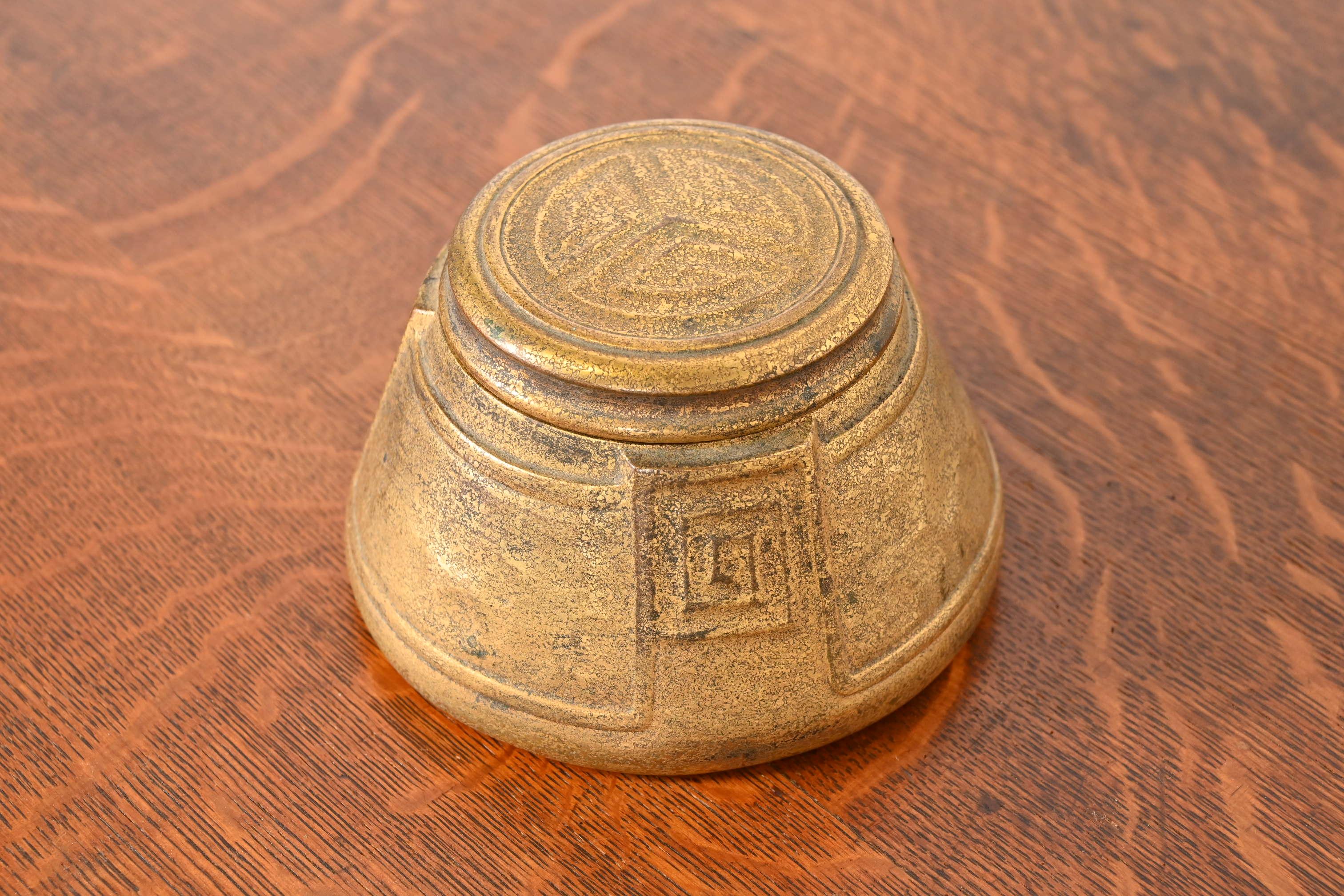 Tiffany Studios New York Greek Key Bronze Doré Large Inkwell In Good Condition For Sale In South Bend, IN