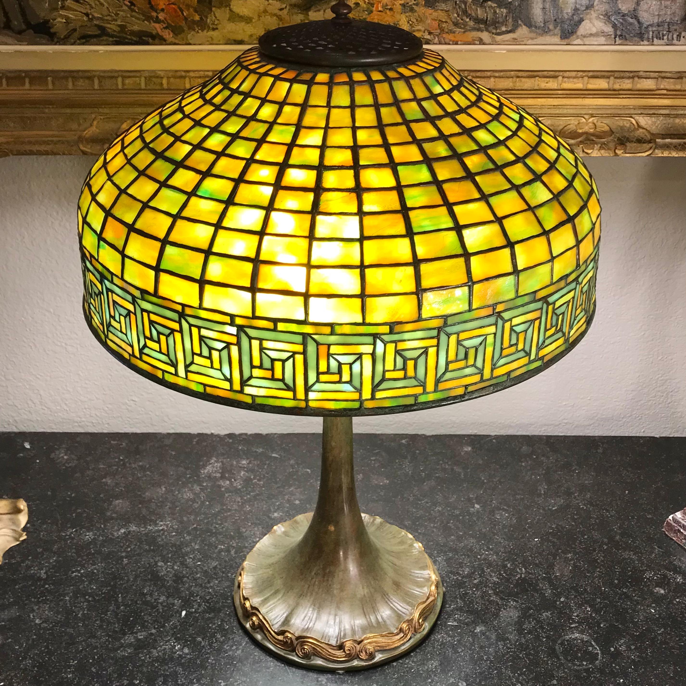 American Tiffany Studios New York “Greek Key” Table Lamp For Sale