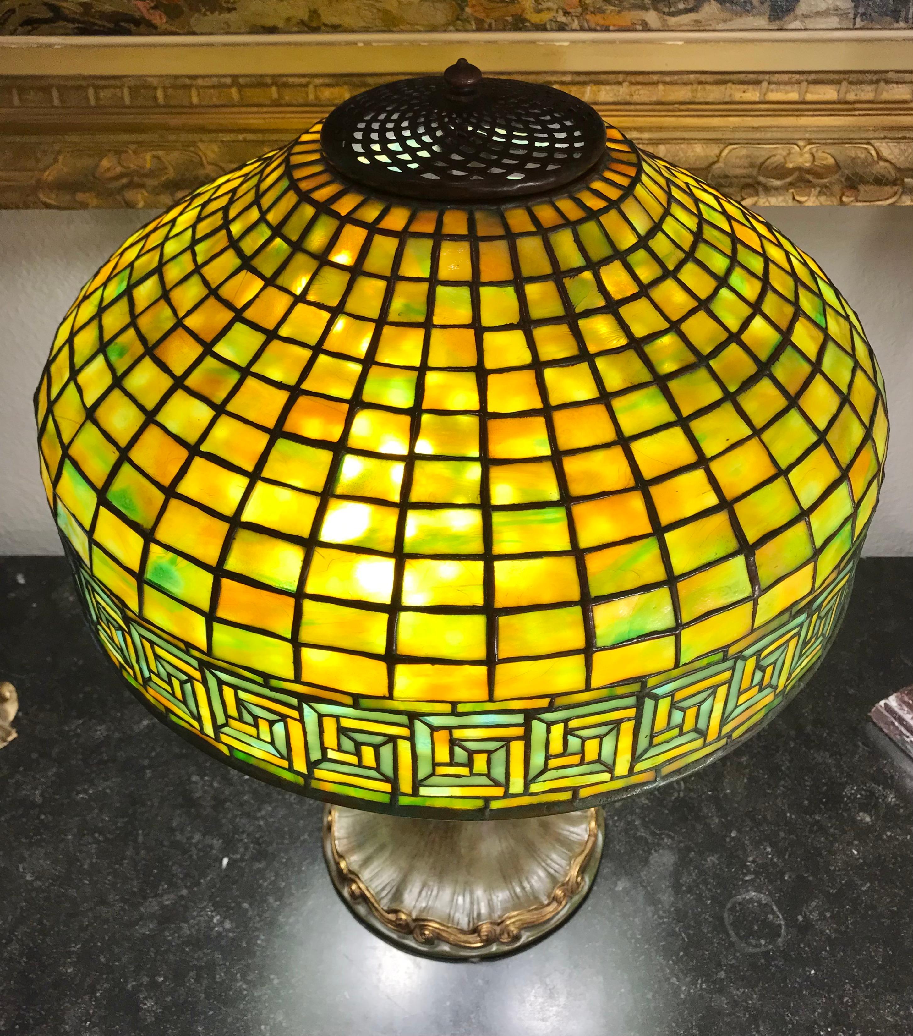 Bronze Tiffany Studios New York “Greek Key” Table Lamp For Sale