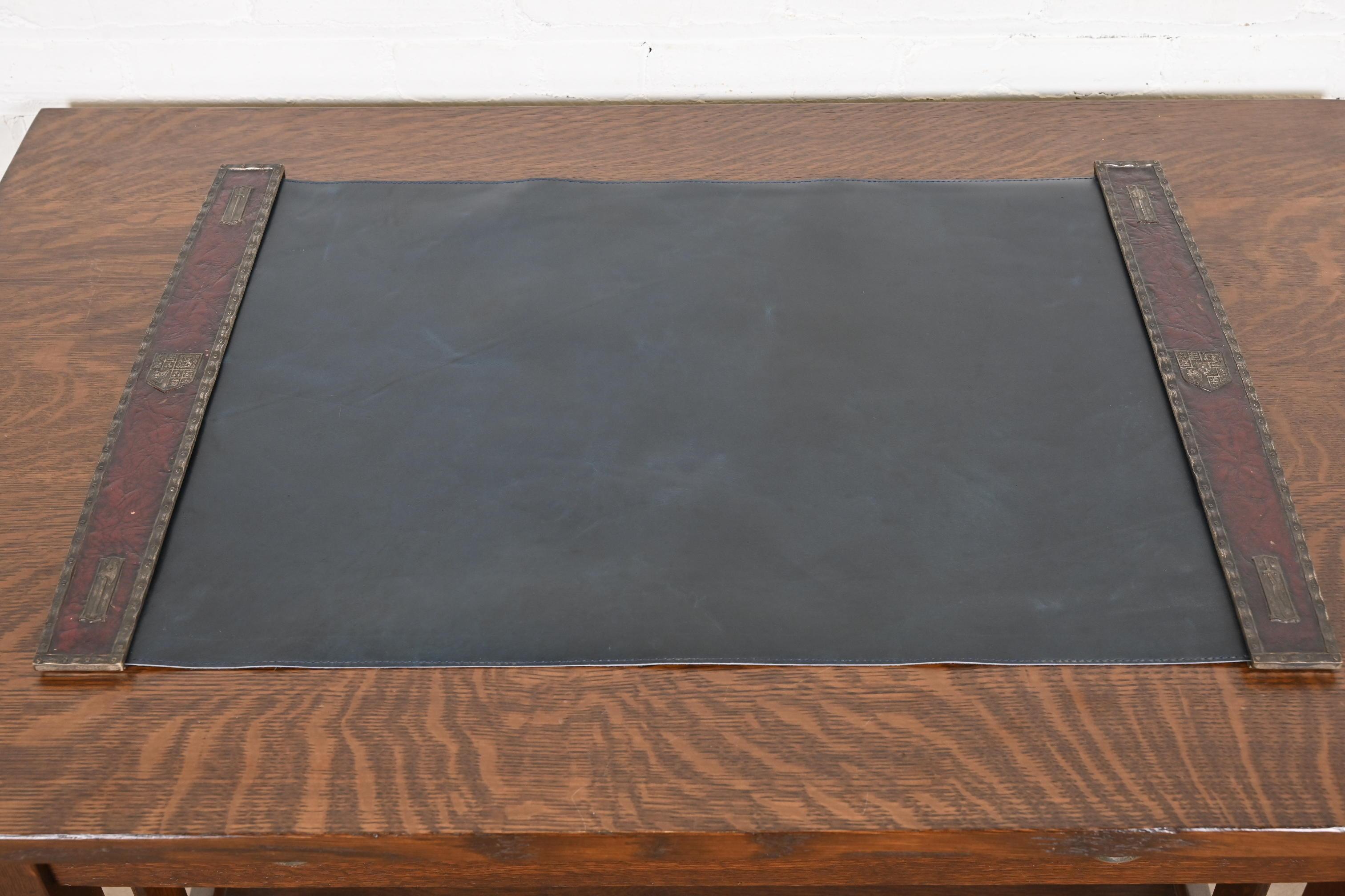 Arts and Crafts Tiffany Studios New York Heraldic Bronze Blotter Ends With Leather Desk Blotter For Sale