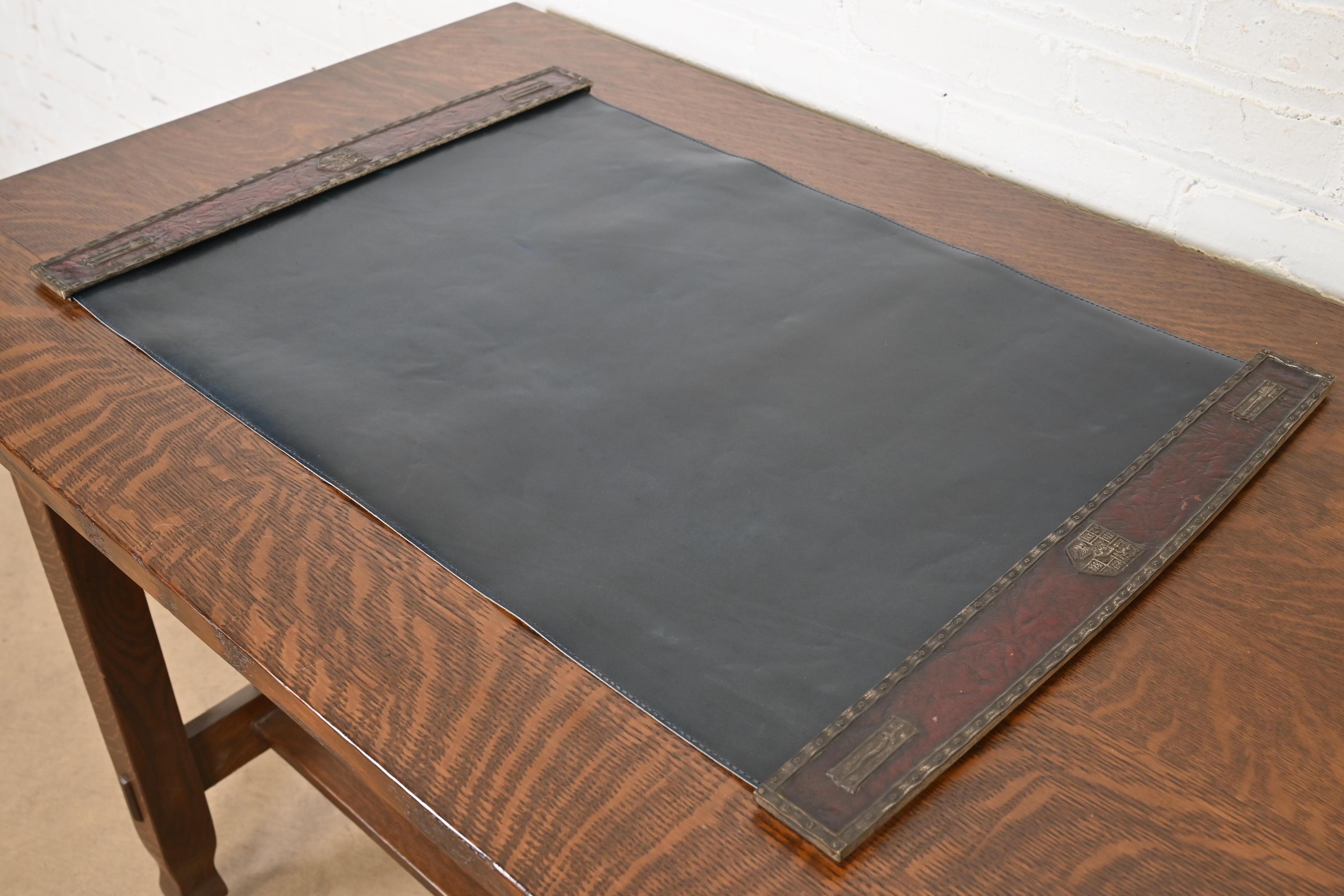 Tiffany Studios New York Heraldic Bronze Blotter Ends With Leather Desk Blotter In Good Condition For Sale In South Bend, IN