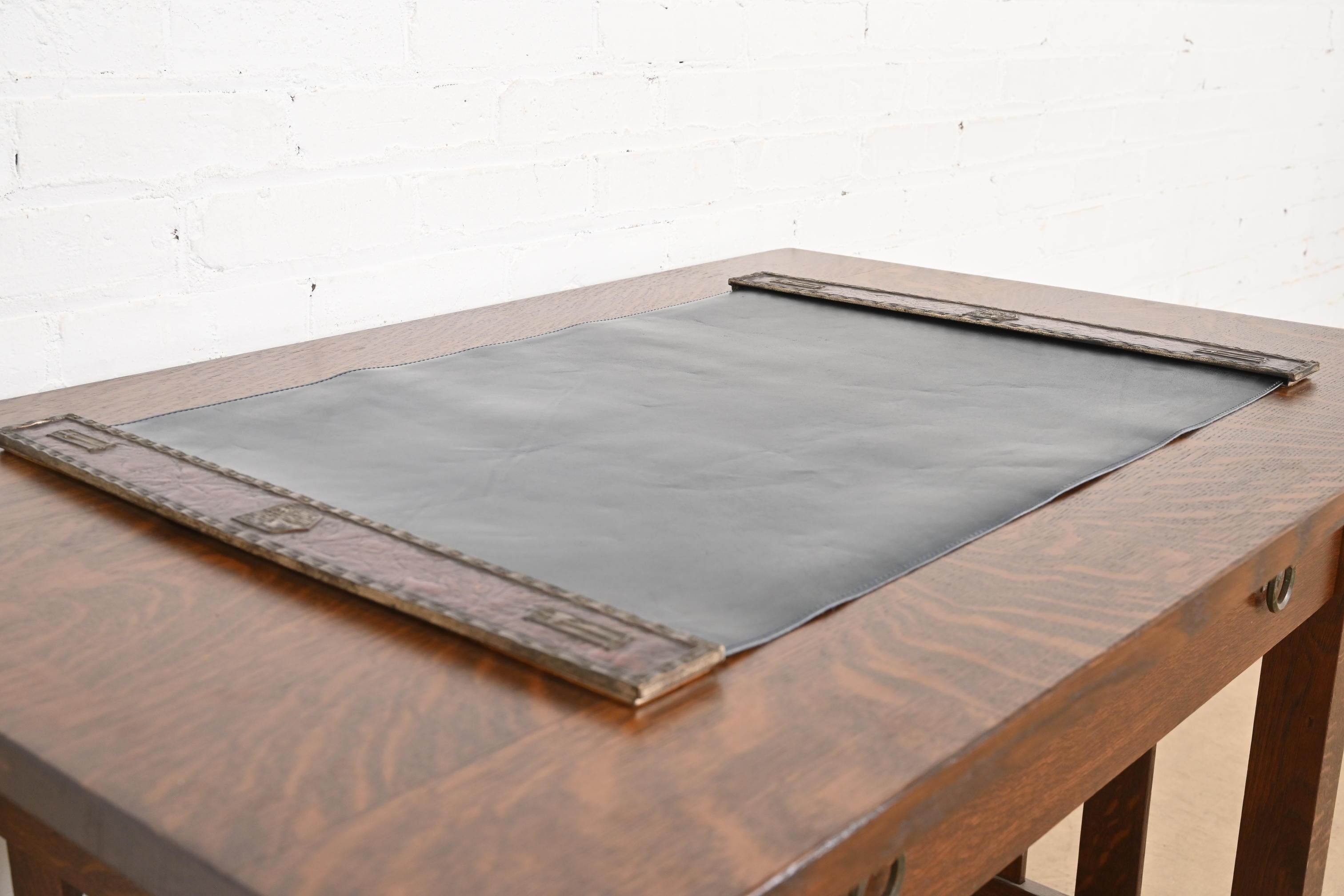 20th Century Tiffany Studios New York Heraldic Bronze Blotter Ends With Leather Desk Blotter For Sale