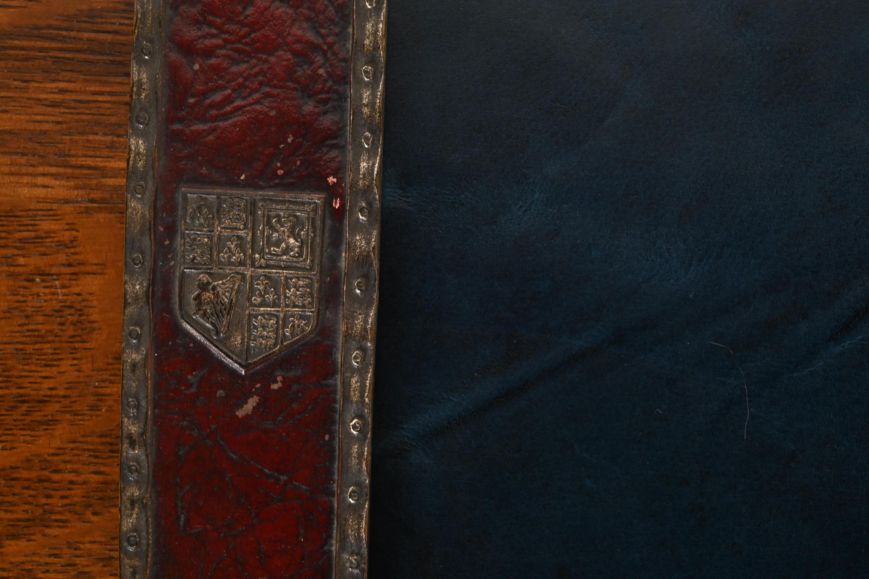 Tiffany Studios New York Heraldic Bronze Blotter Ends With Leather Desk Blotter For Sale 2
