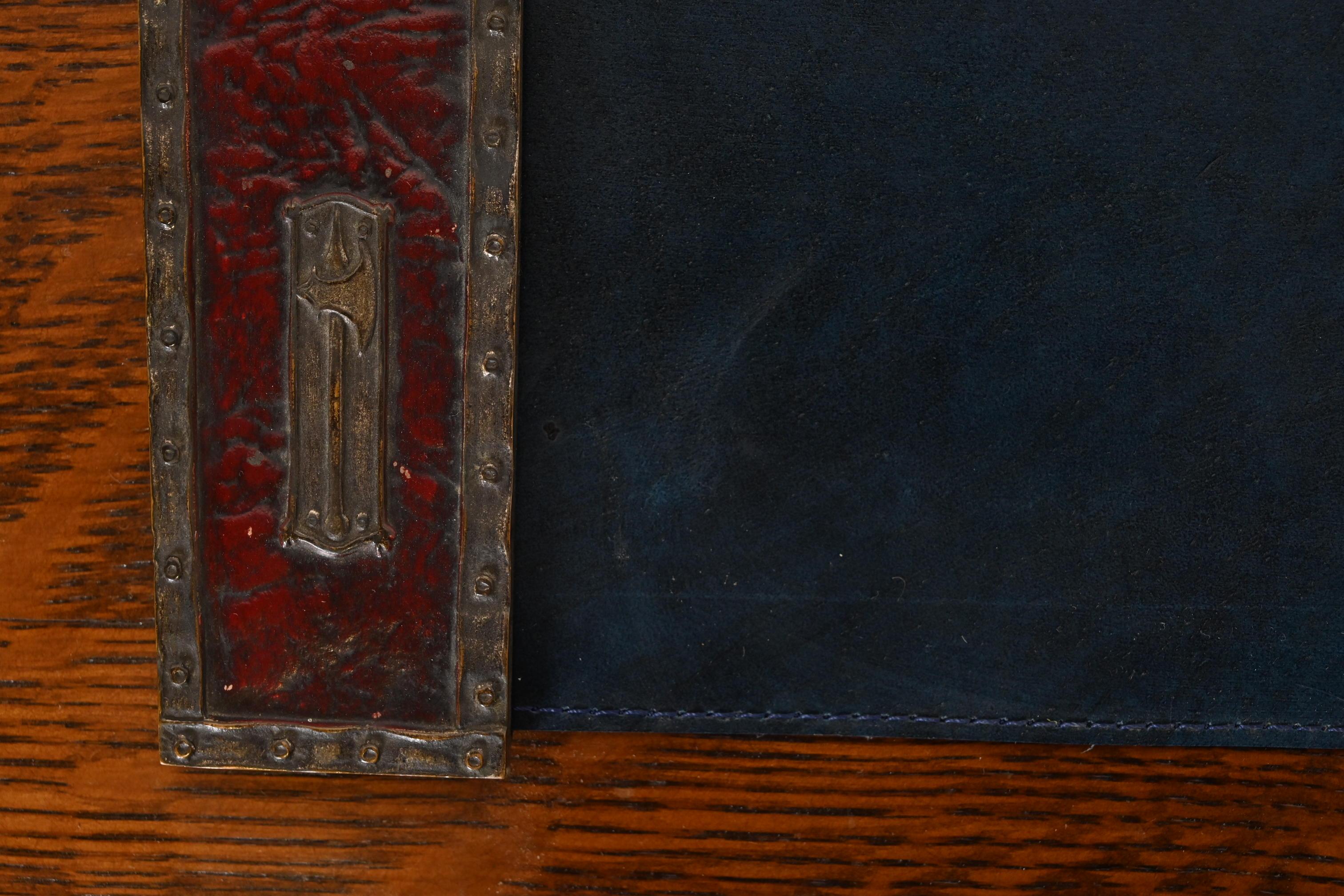 Tiffany Studios New York Heraldic Bronze Blotter Ends With Leather Desk Blotter For Sale 3