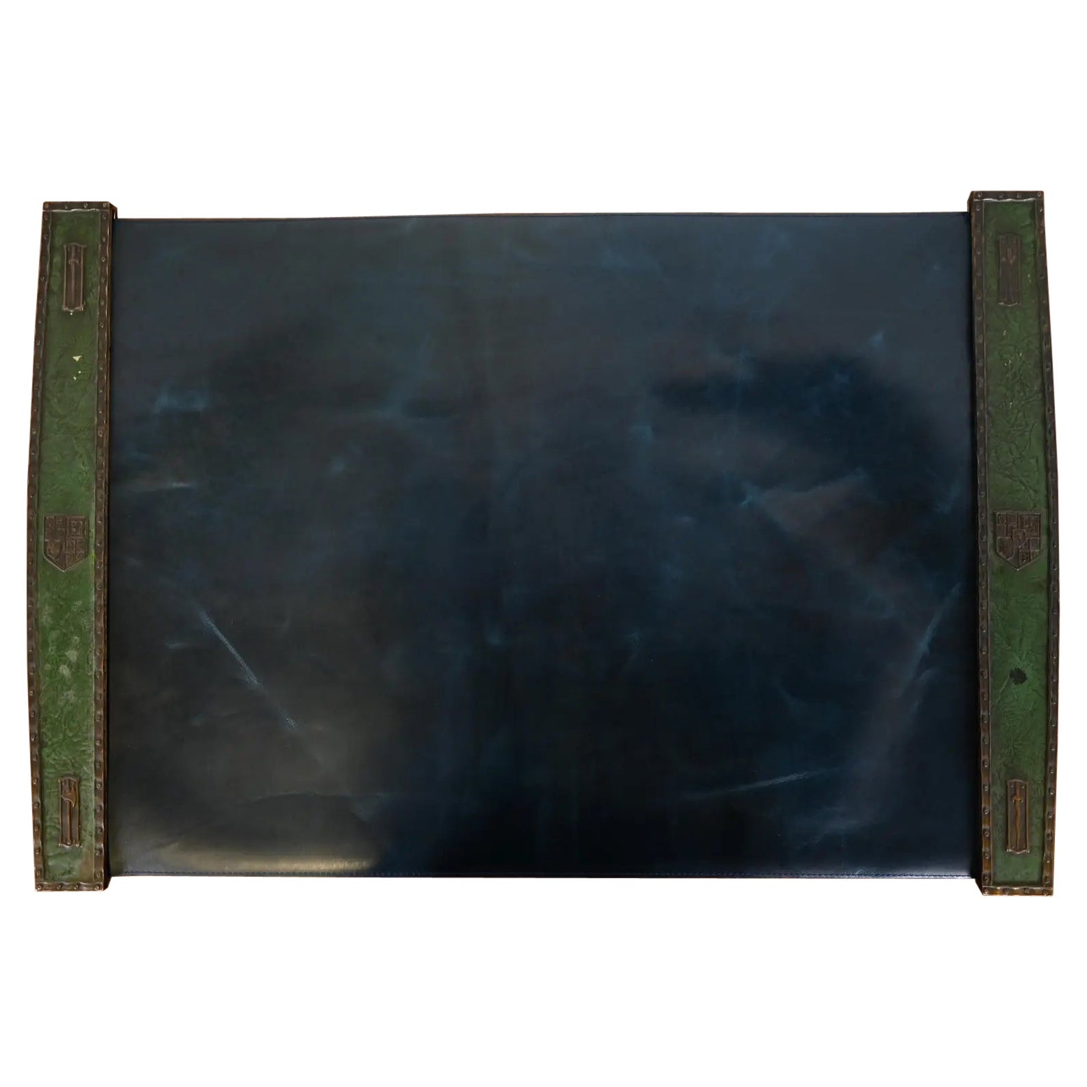 Tiffany Studios New York Heraldic Bronze Blotter Ends With Leather Desk Blotter For Sale