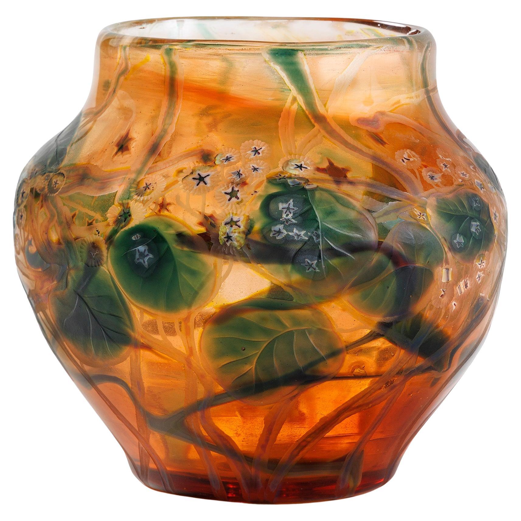 Tiffany Studios New York "Leaf & Vine" Wheel-Carved Favrile Glass Vase For Sale