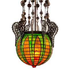 Tiffany Studios New York "Moorish" Lantern Chandelier in Green & Orange Mottled