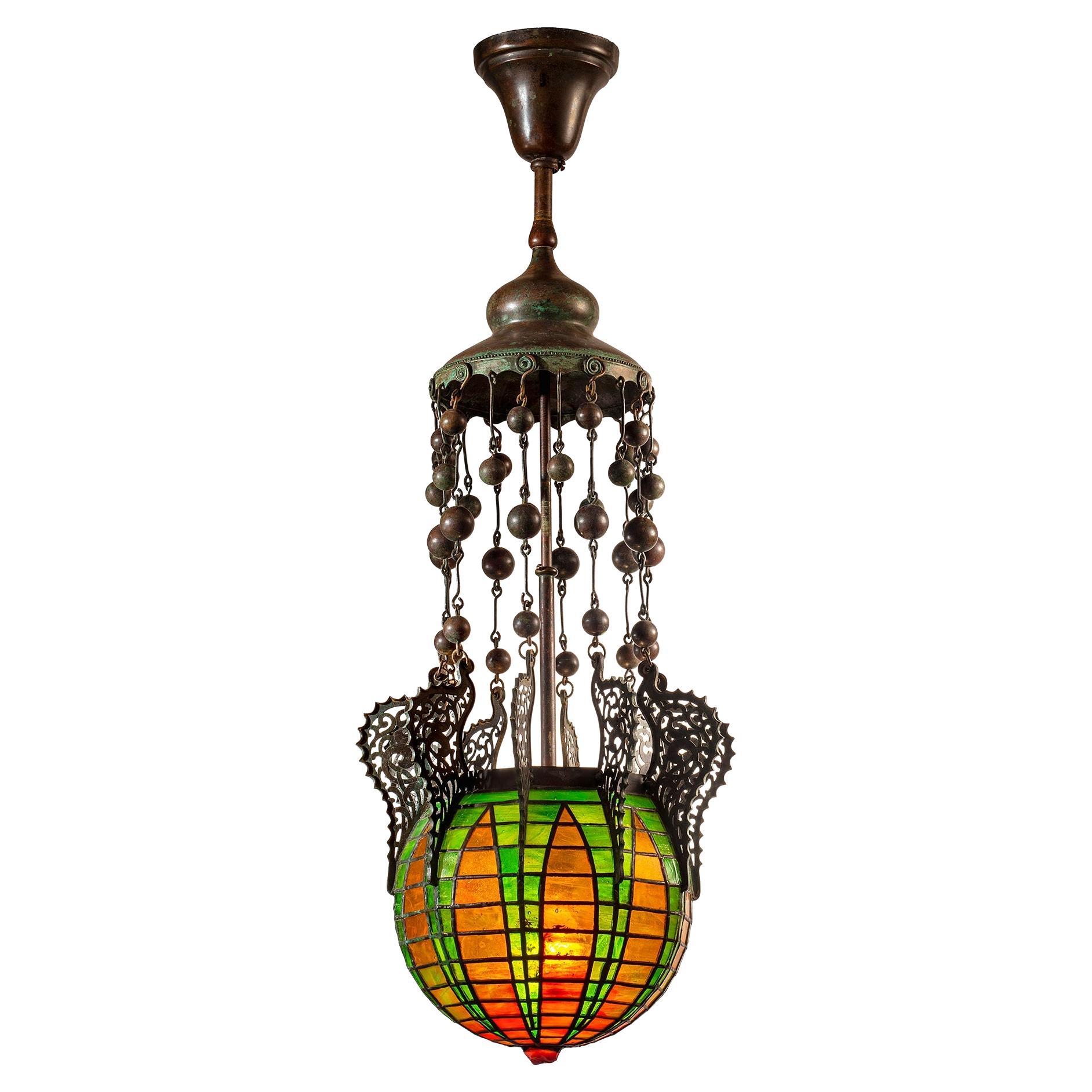 Tiffany Studios New York "Moorish" Lantern Chandelier in Green & Orange Mottled 