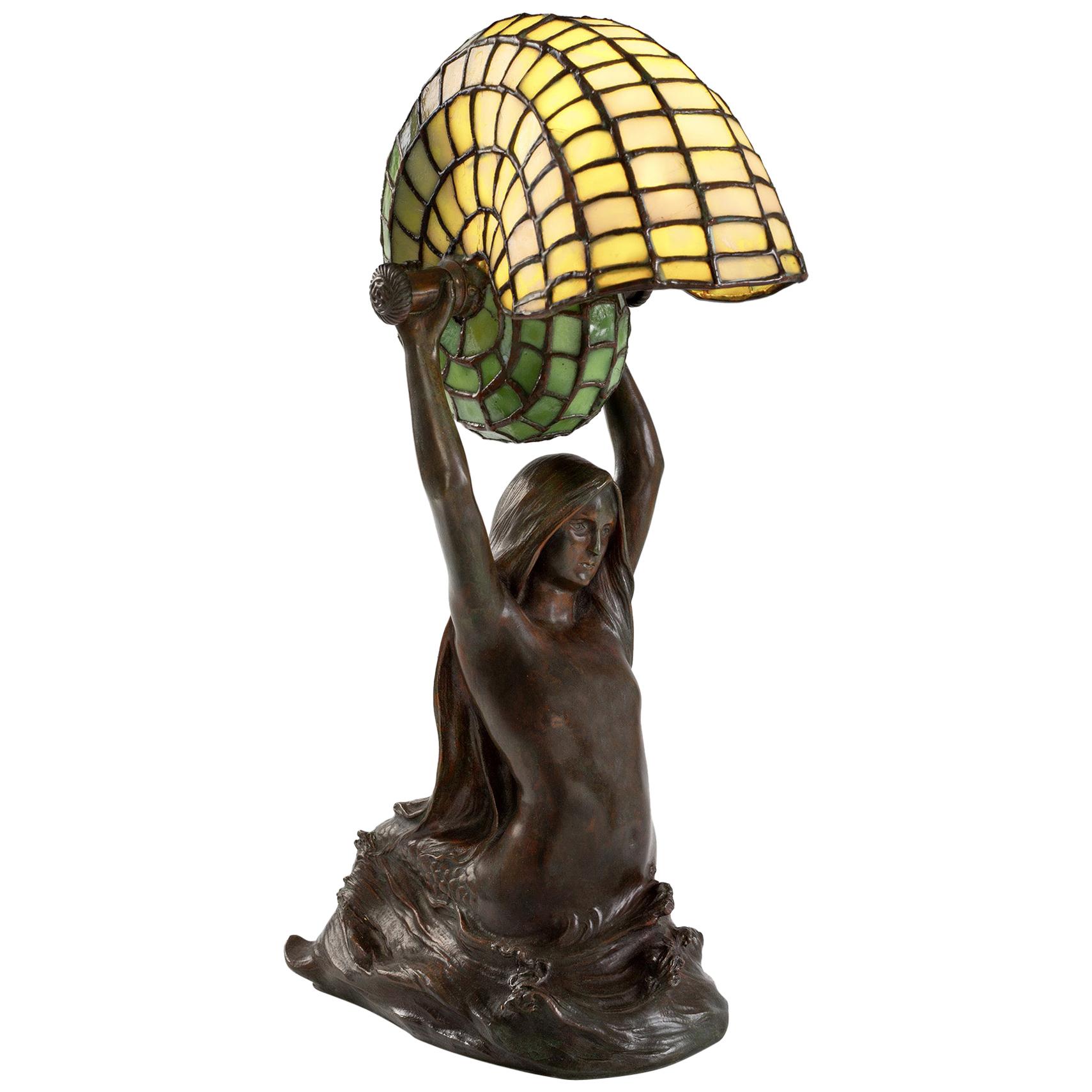 Tiffany Studios New York "Nautilus" Table Lamp with "Mermaid" Base
