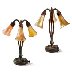 Tiffany Studios New York Pair of "Three-light Lily" Desk lamps