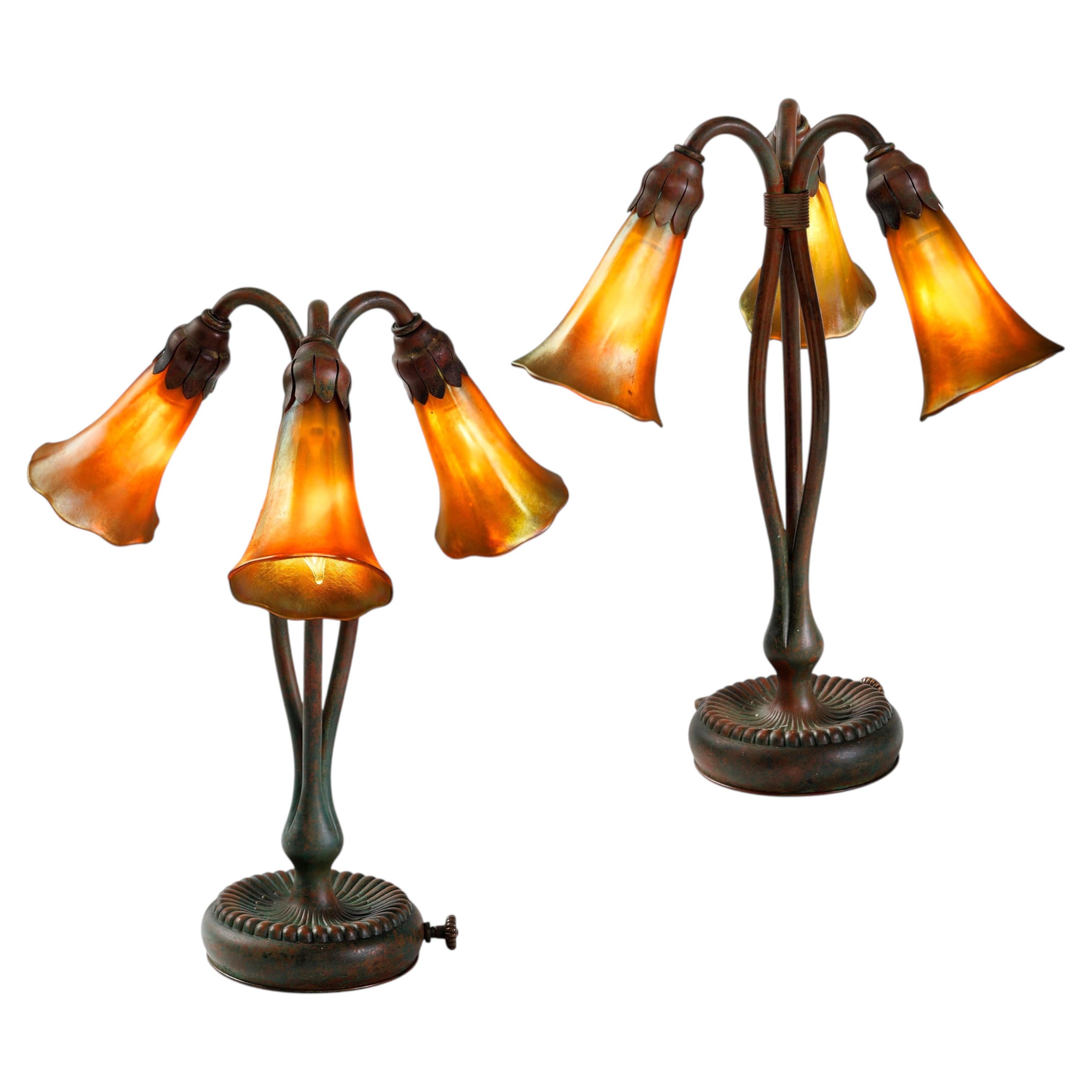 Tiffany Studios New York Pair of "Three-light Lily" Desk lamps