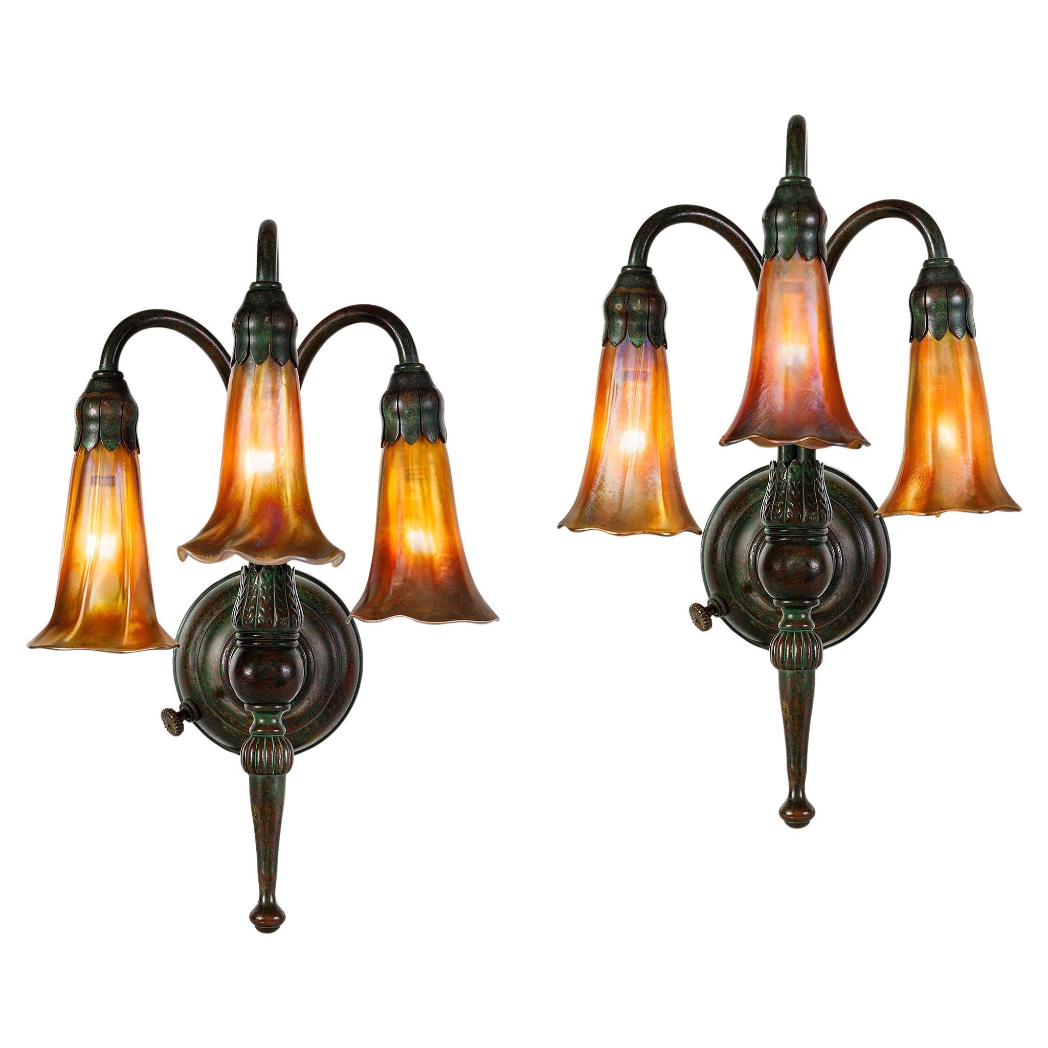Tiffany Studios New York Pair of "Three-Light Lily" Sconces For Sale