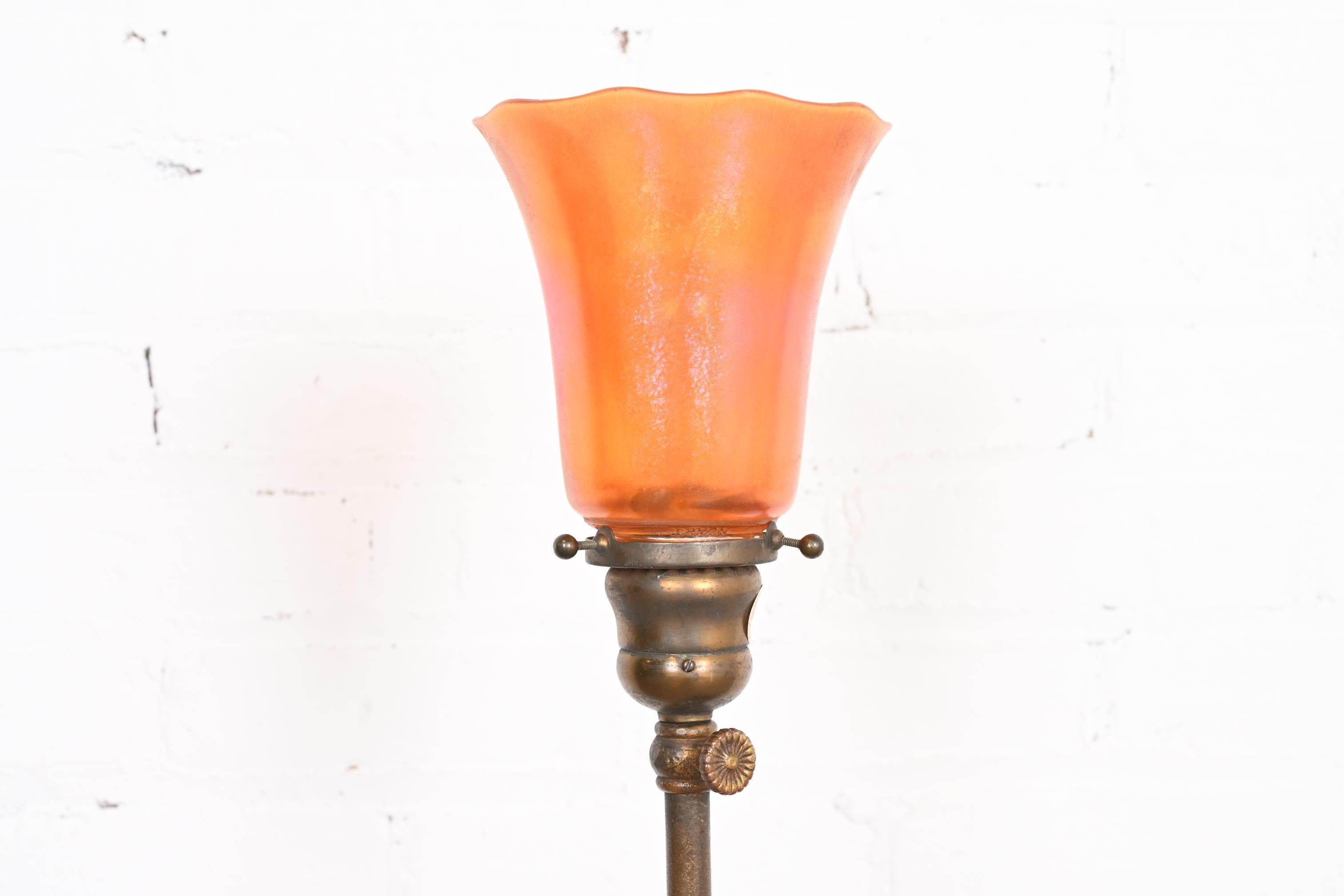 20th Century Tiffany Studios New York Patinated Gilt Bronze Adjustable Floor Lamp