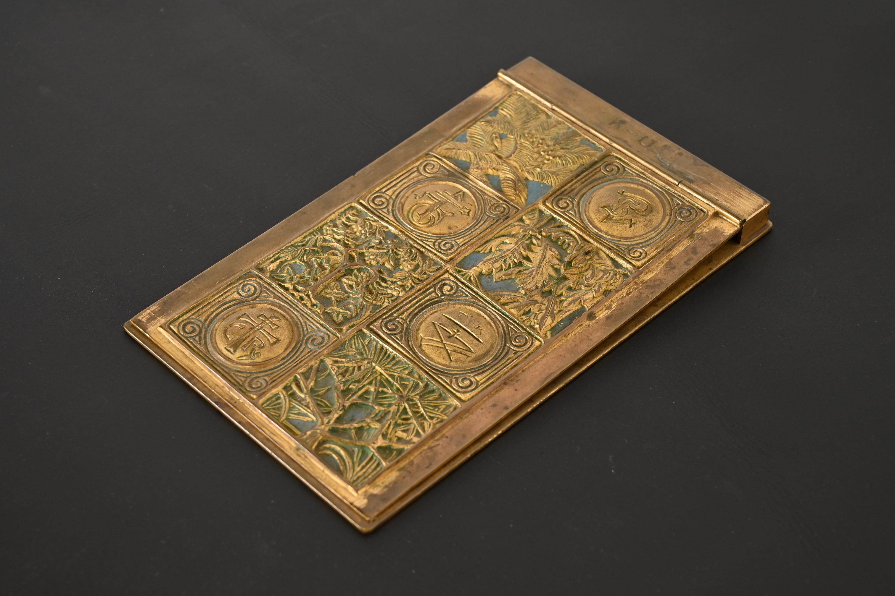 Art Deco Tiffany Studios New York Pattern Bronze Doré Notepad Holder For Sale