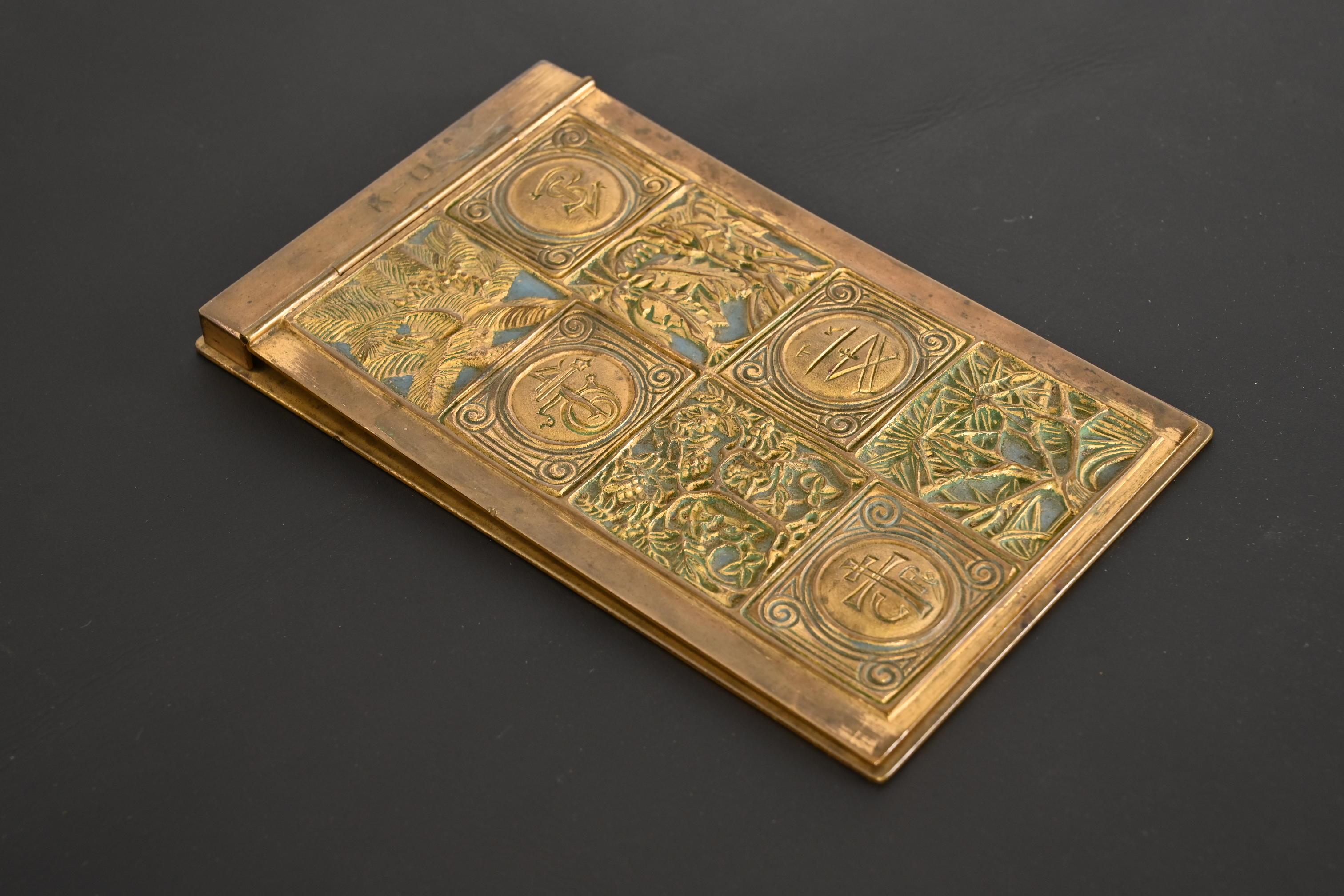 American Tiffany Studios New York Pattern Bronze Doré Notepad Holder For Sale