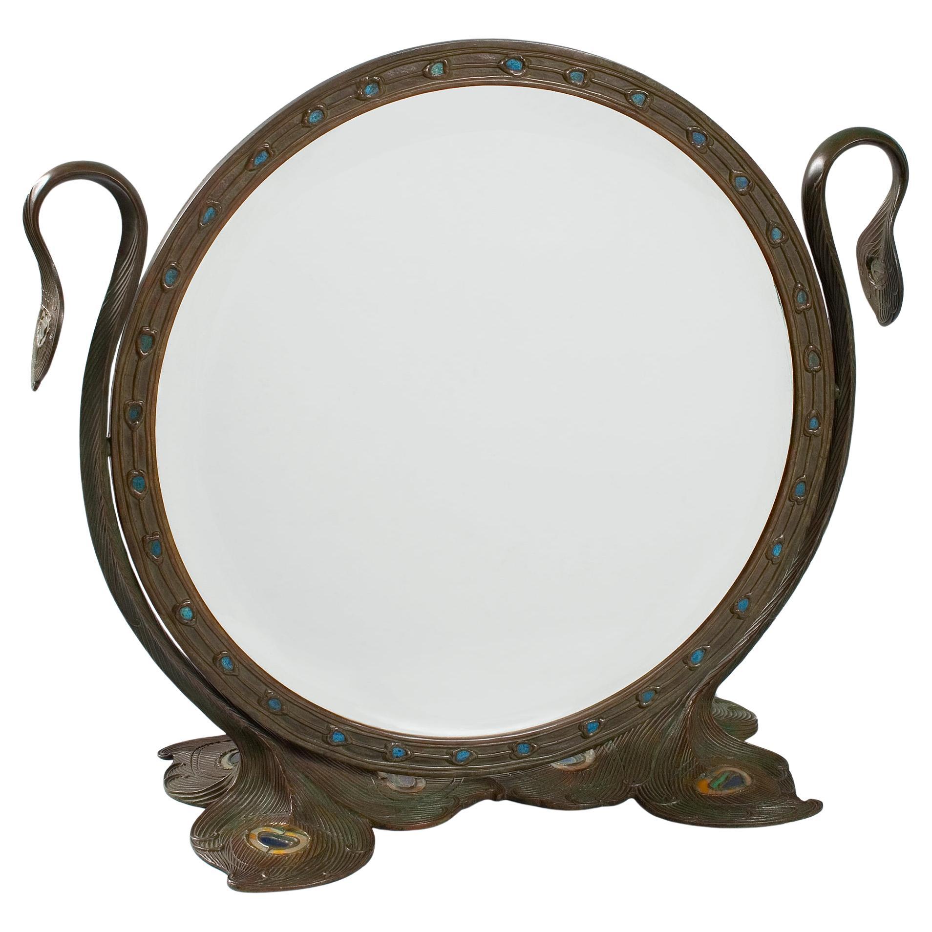 Tiffany Studios New York "Peacock" Favrile Glass and Bronze Mirror For Sale