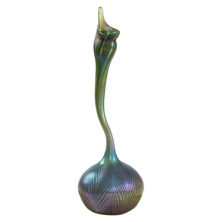 Tiffany Studios New York "Peacock Gooseneck" Favrile Glass Sprinkler Vase