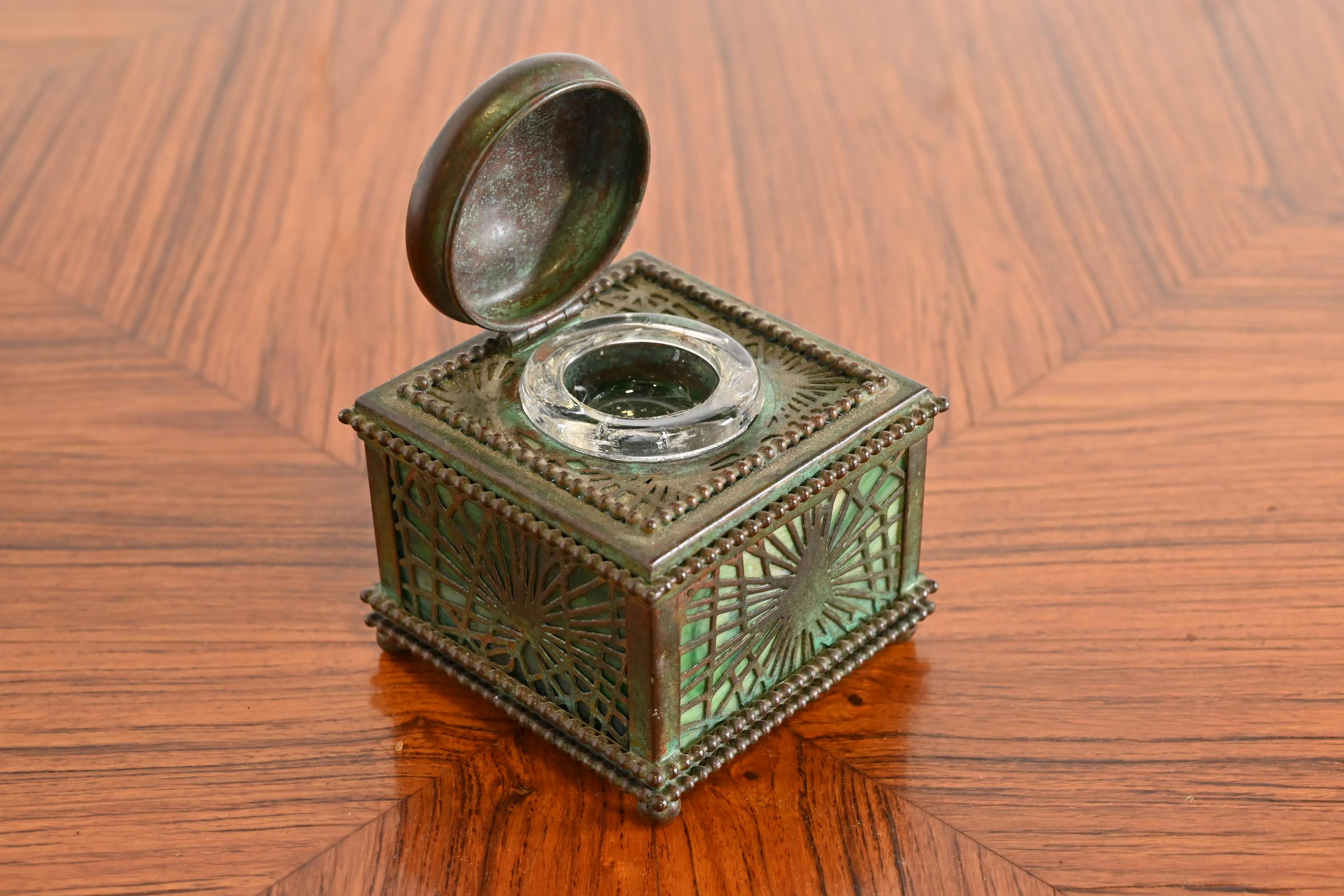 Tiffany Studios New York Pine Needle Bronze and Slag Glass Inkwell, circa 1910 3