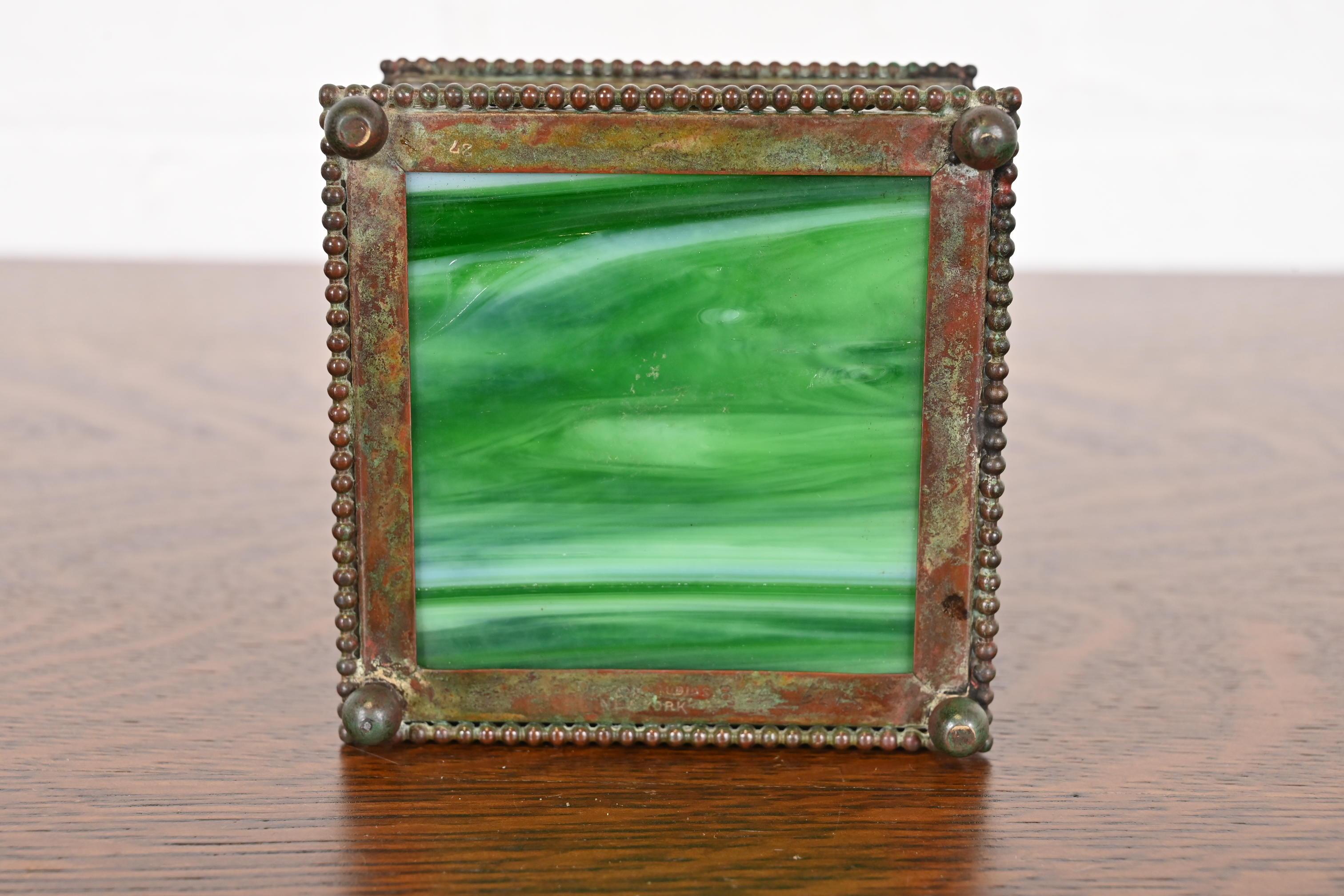 Tiffany Studios New York Pine Needle Bronze and Slag Glass Inkwell, Circa 1910 4